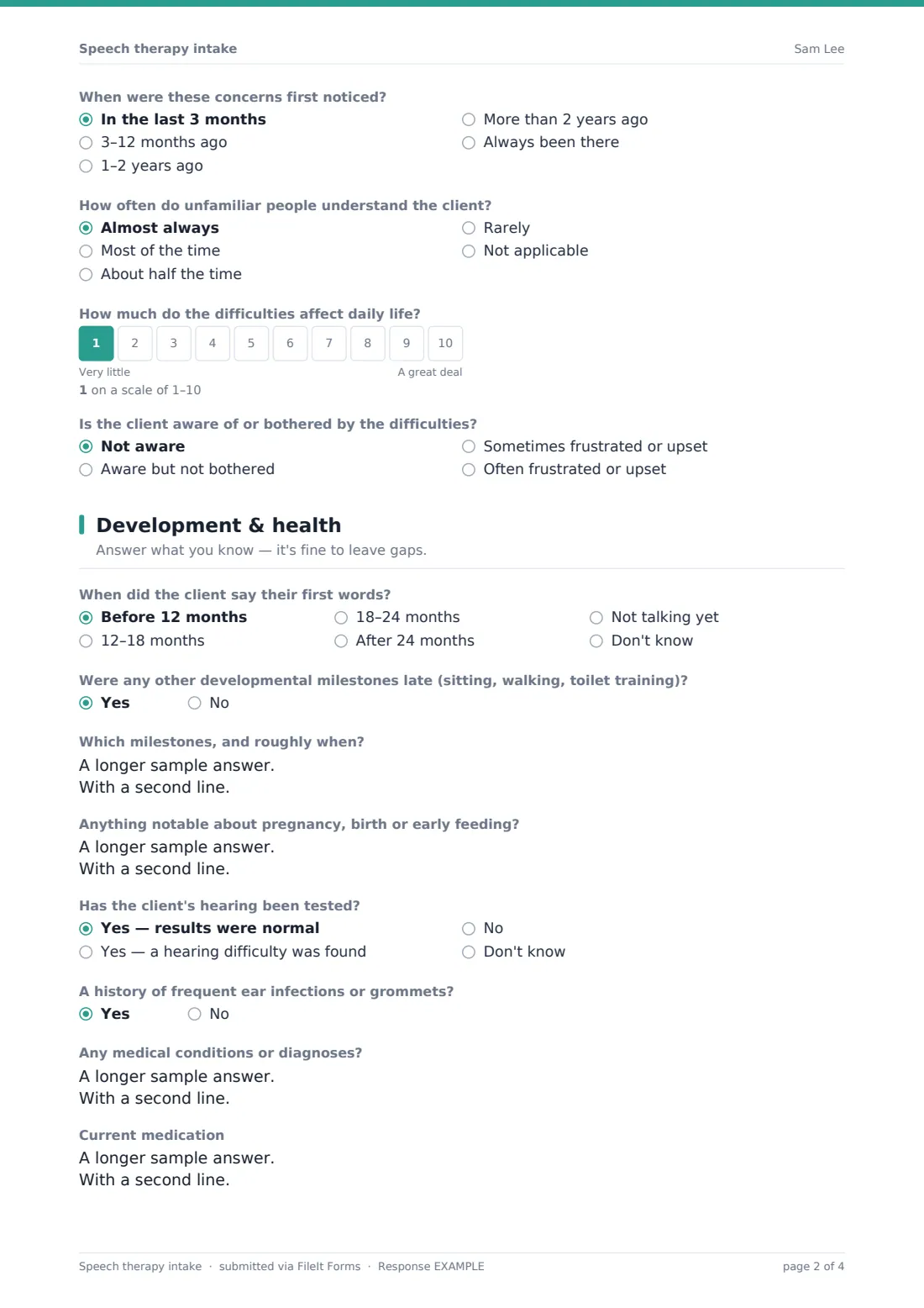 Speech therapy intake — example response PDF, page 2 of 4