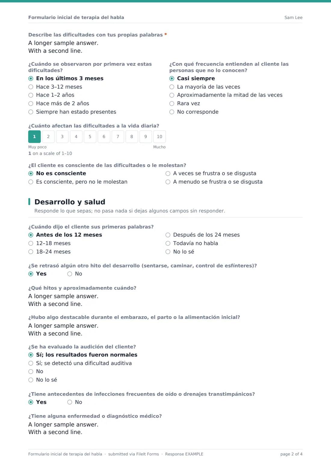 Formulario inicial de terapia del habla — PDF de respuesta de ejemplo, página 2 de 4