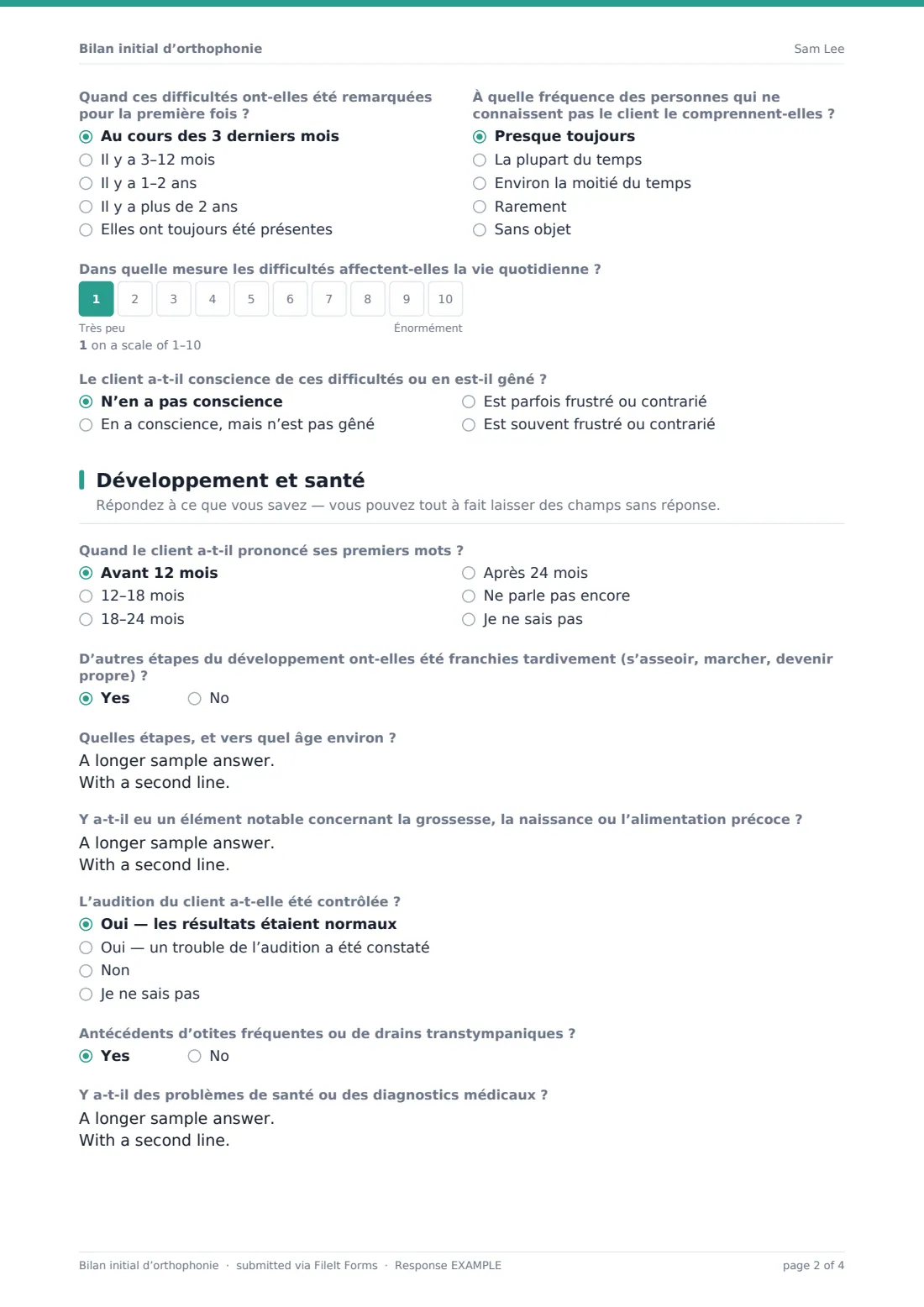 Bilan initial d’orthophonie — exemple de réponse au format PDF, page 2 sur 4
