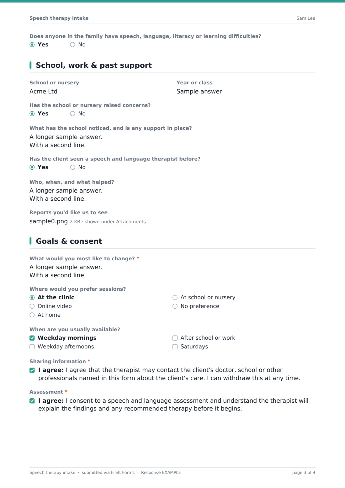 Speech therapy intake — example response PDF, page 3 of 4