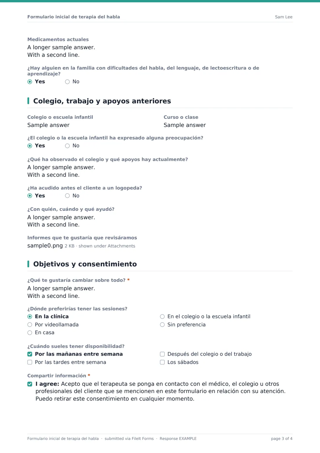 Formulario inicial de terapia del habla — PDF de respuesta de ejemplo, página 3 de 4