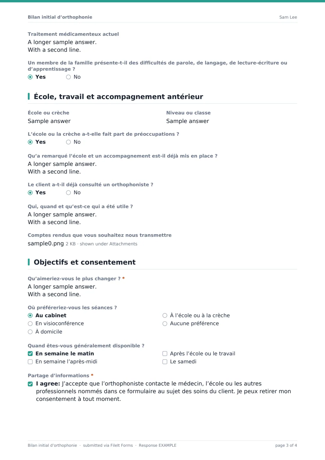 Bilan initial d’orthophonie — exemple de réponse au format PDF, page 3 sur 4