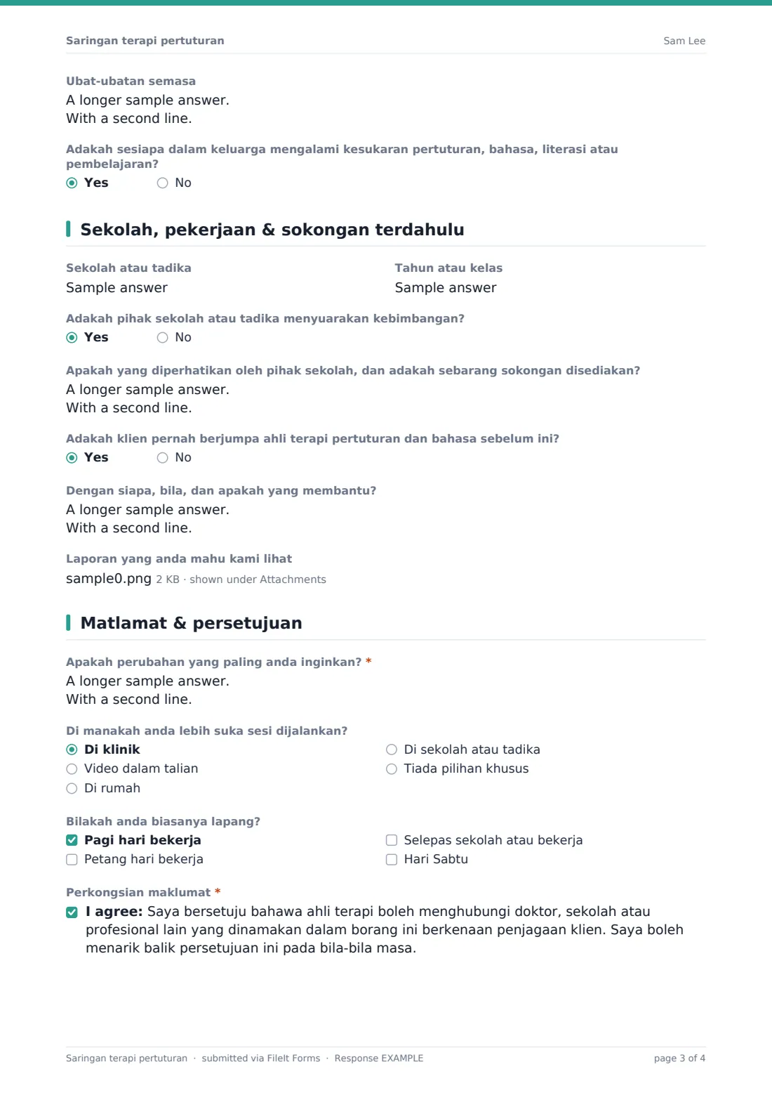 Saringan terapi pertuturan — PDF respons contoh, halaman 3 daripada 4
