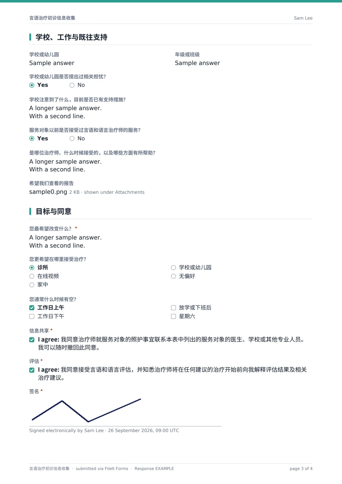 言语治疗初诊信息收集 — 示例回复 PDF，第 3 页，共 4 页