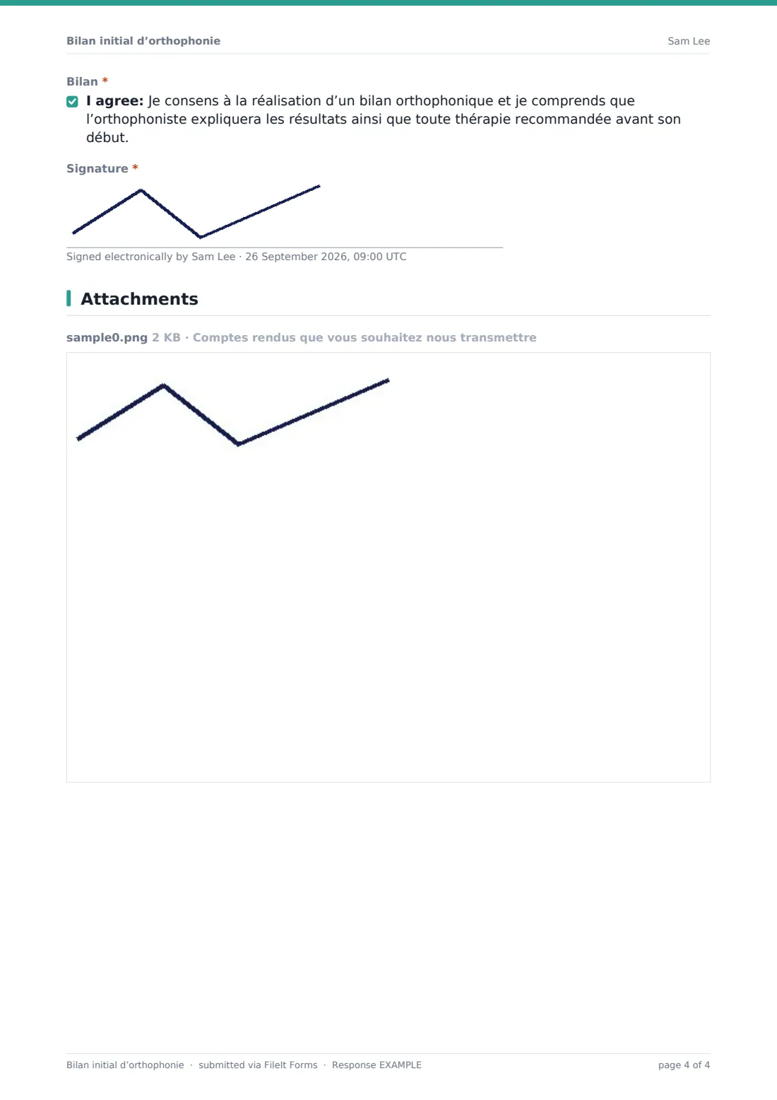 Bilan initial d’orthophonie — exemple de réponse au format PDF, page 4 sur 4