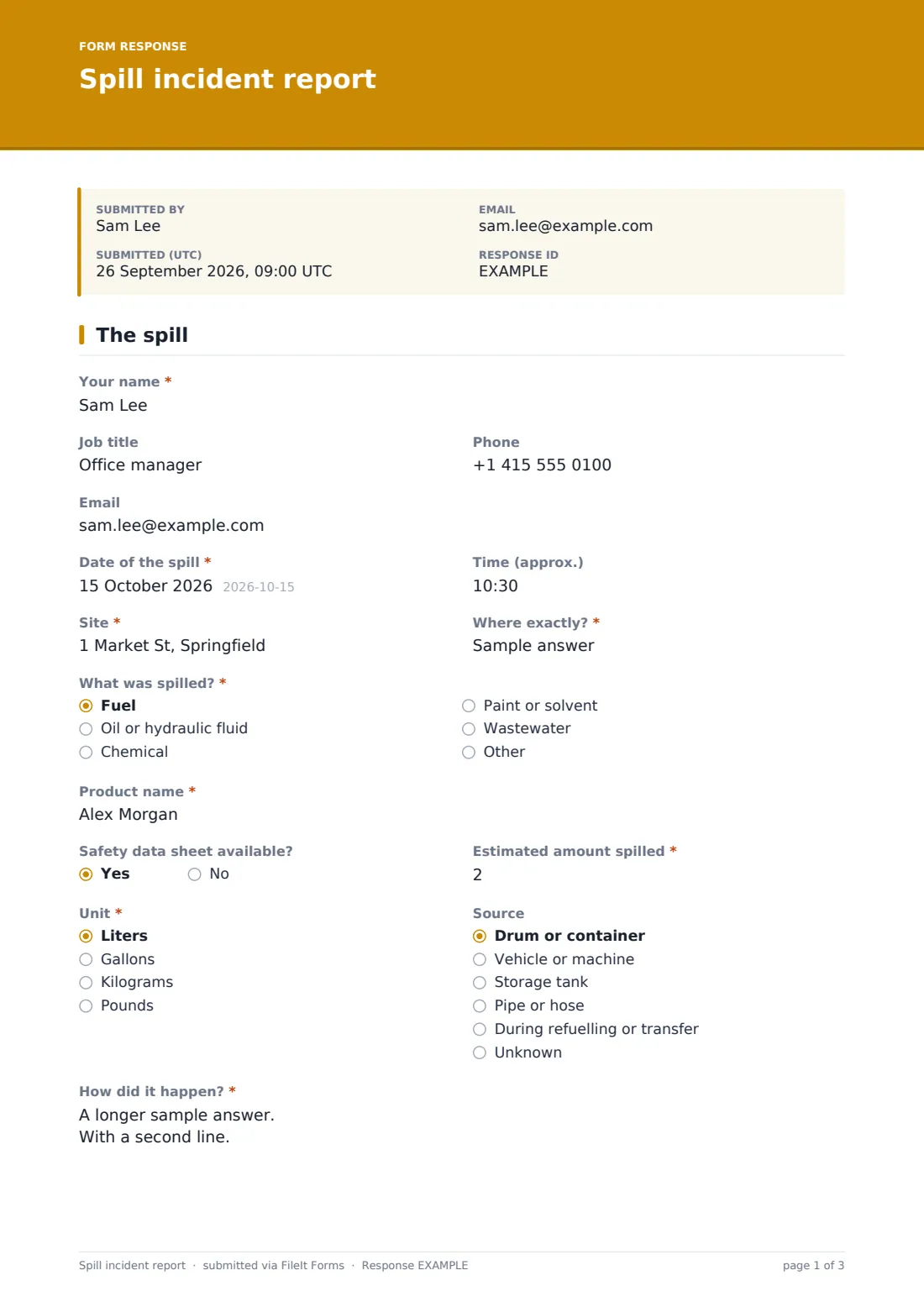 Spill incident report — example response PDF, page 1 of 3