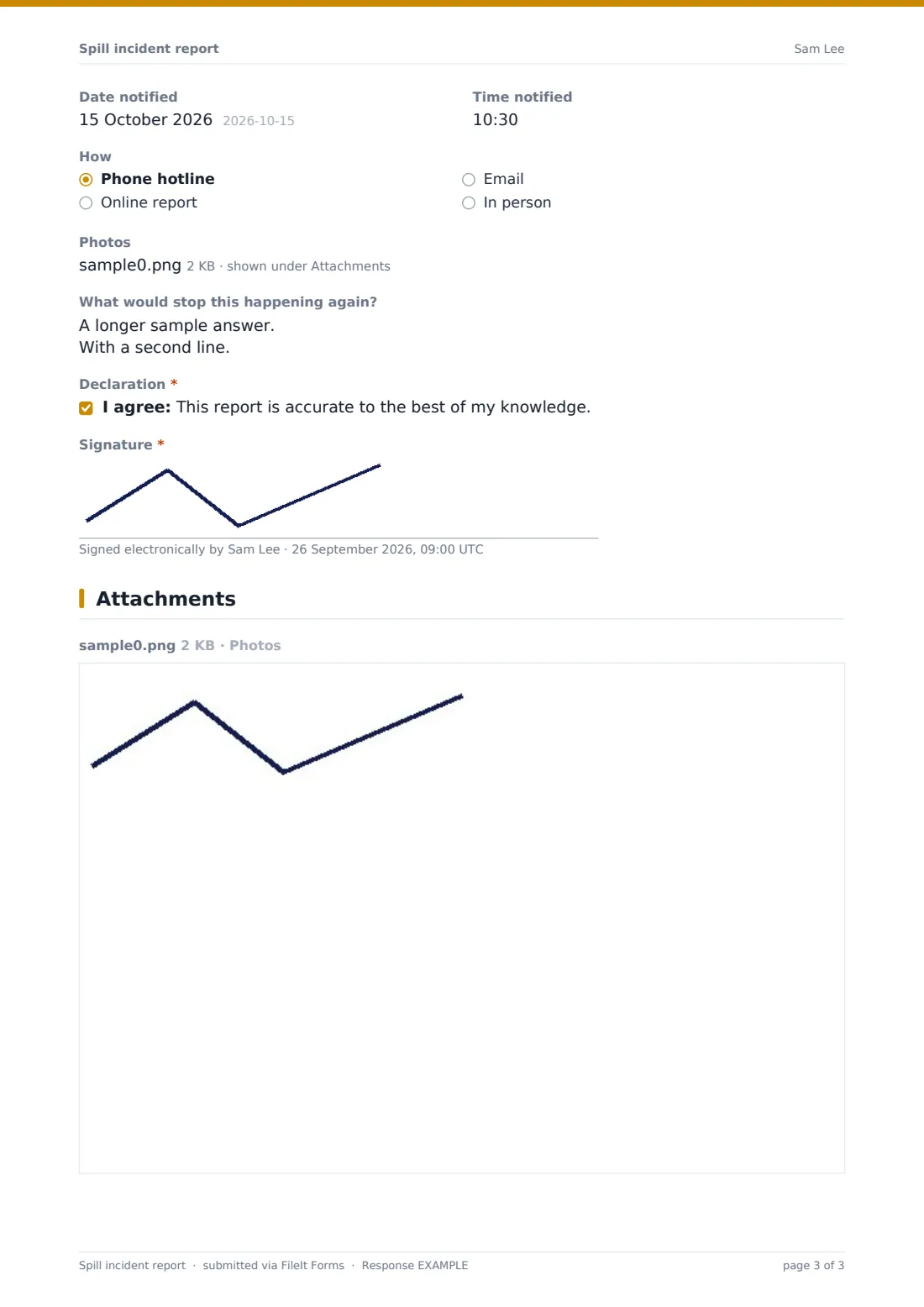Spill incident report — example response PDF, page 3 of 3