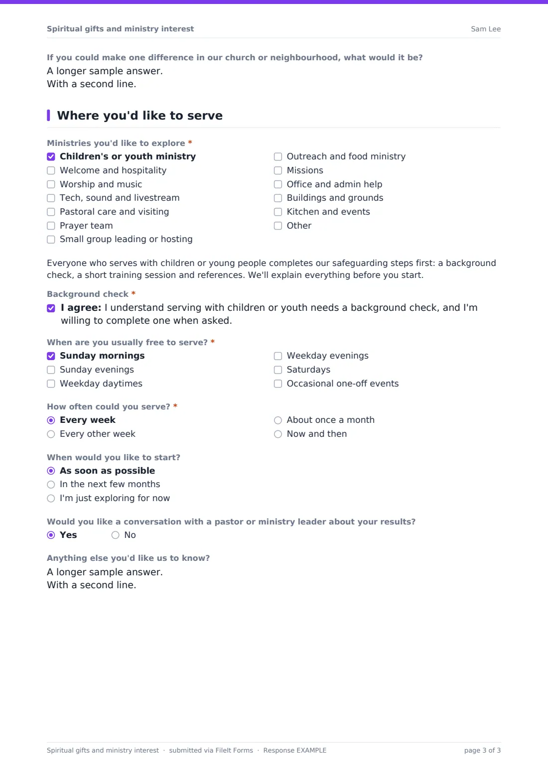 Spiritual gifts and ministry interest — example response PDF, page 3 of 3