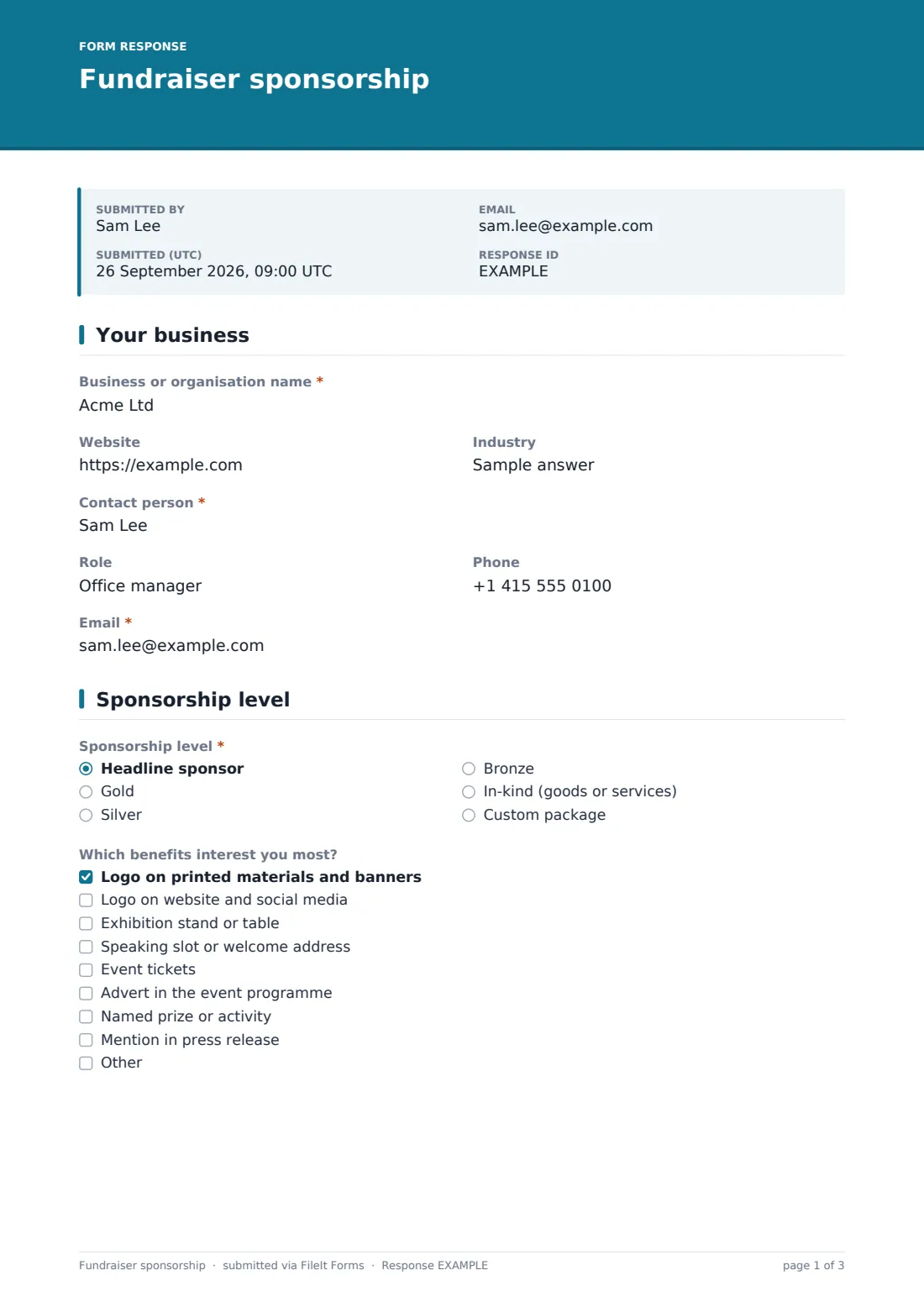 Fundraiser sponsorship — example response PDF, page 1 of 3
