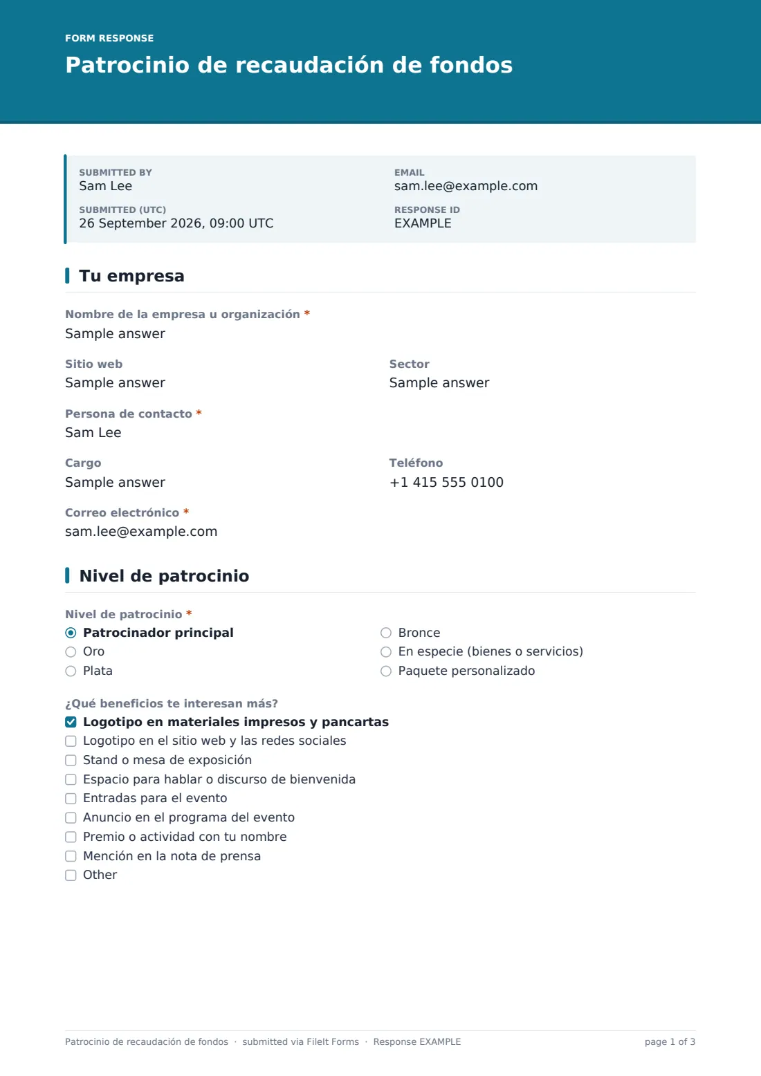 Patrocinio de recaudación de fondos — PDF de respuesta de ejemplo, página 1 de 3
