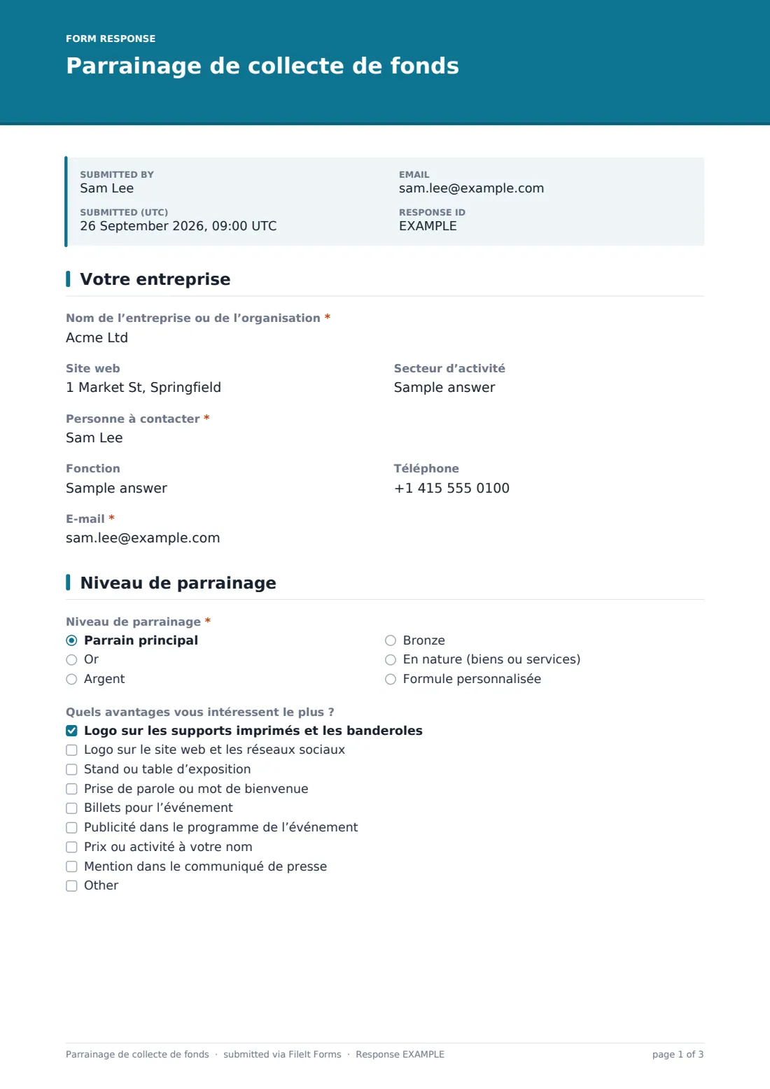 Parrainage de collecte de fonds — exemple de réponse au format PDF, page 1 sur 3