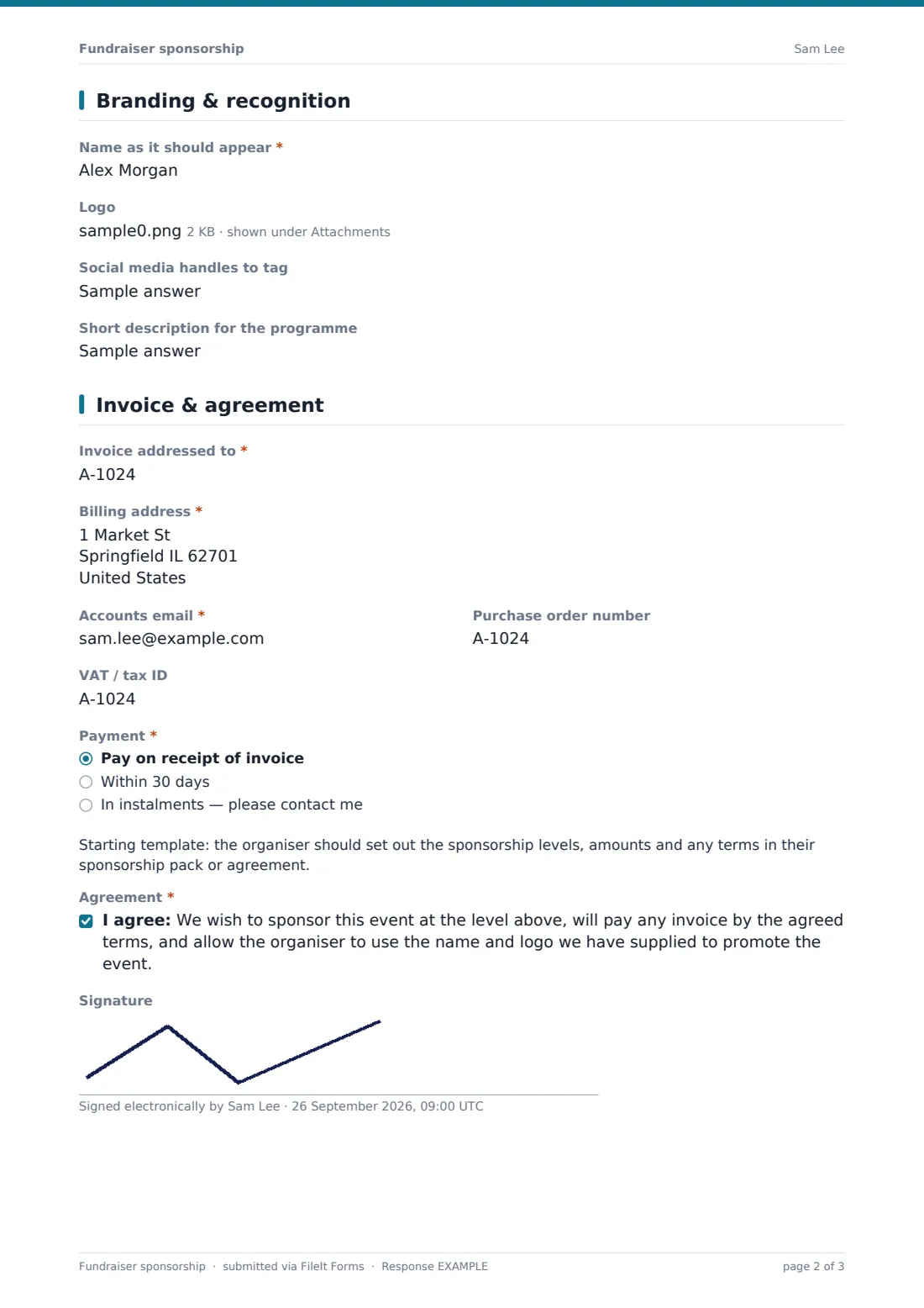 Fundraiser sponsorship — example response PDF, page 2 of 3