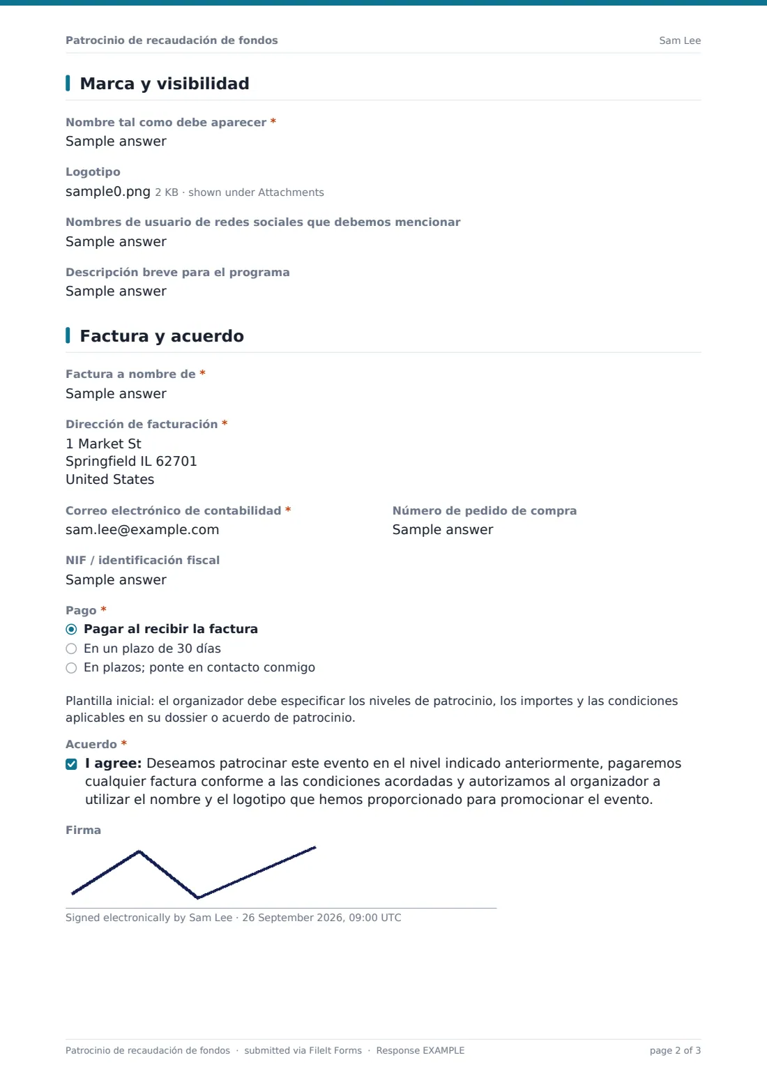 Patrocinio de recaudación de fondos — PDF de respuesta de ejemplo, página 2 de 3