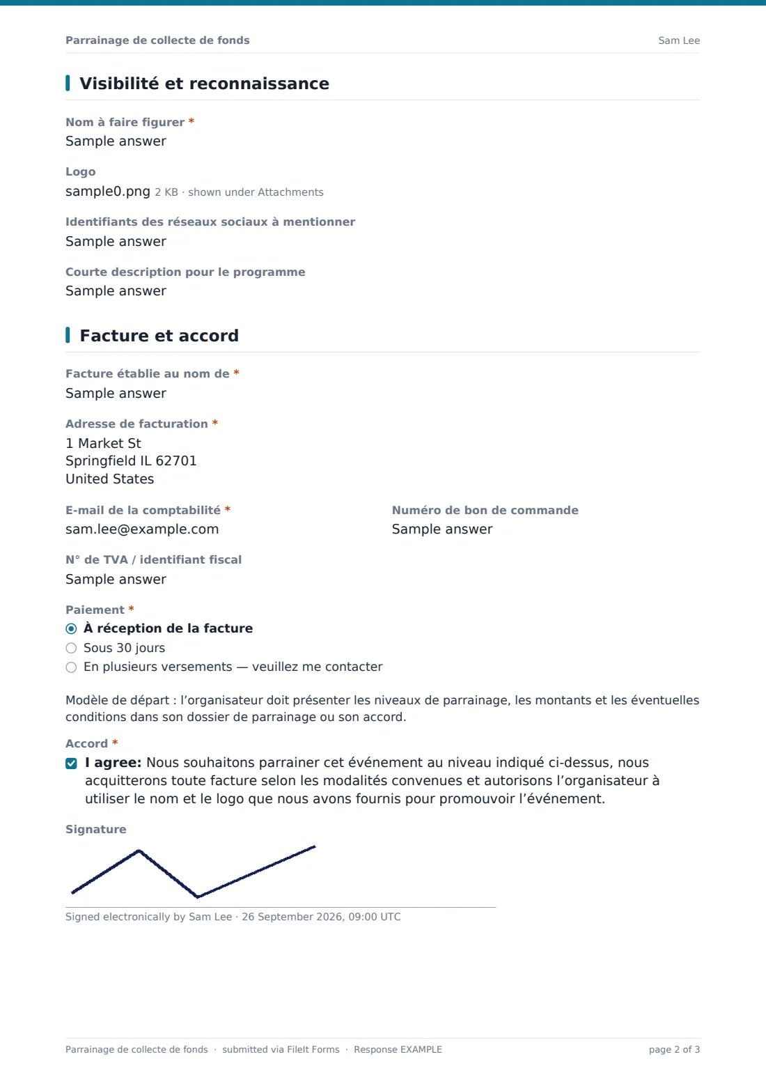Parrainage de collecte de fonds — exemple de réponse au format PDF, page 2 sur 3