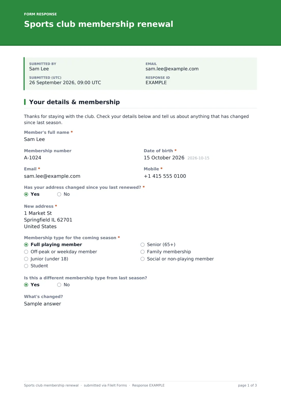 Sports club membership renewal — example response PDF, page 1 of 3