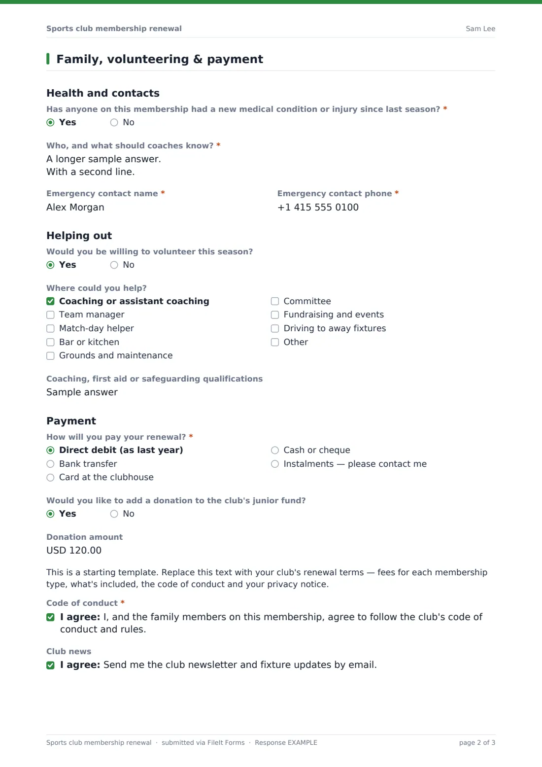 Sports club membership renewal — example response PDF, page 2 of 3