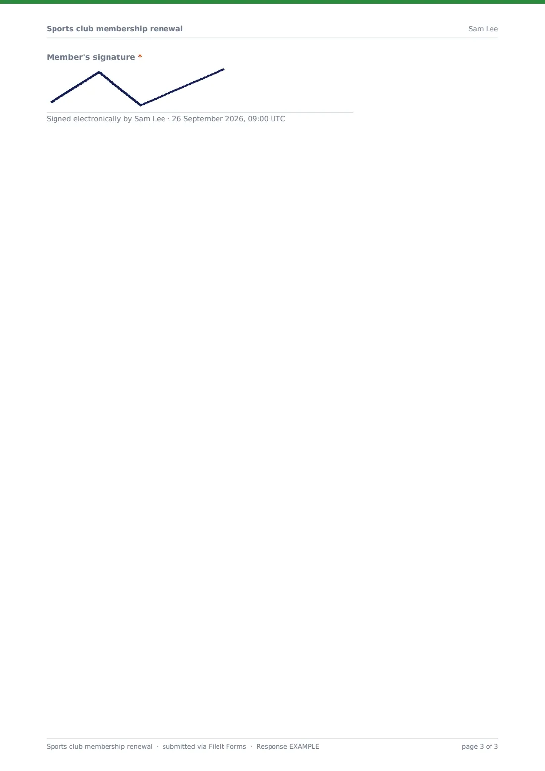 Sports club membership renewal — example response PDF, page 3 of 3