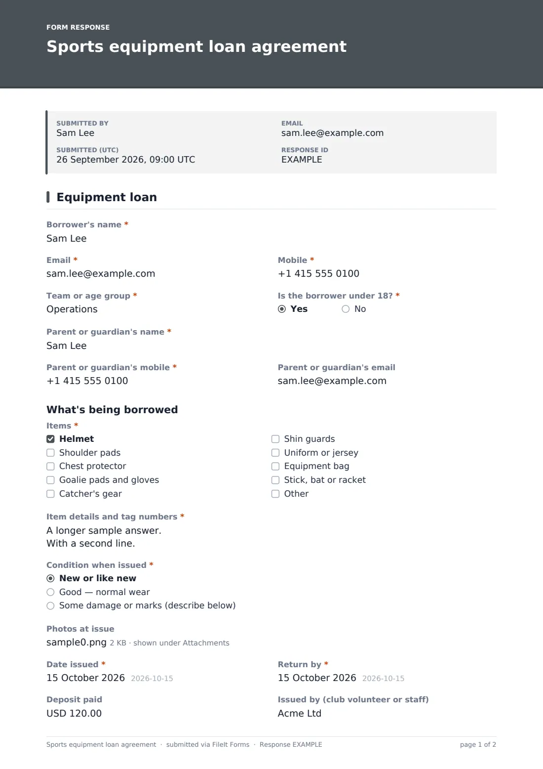Sports equipment loan agreement — example response PDF, page 1 of 2