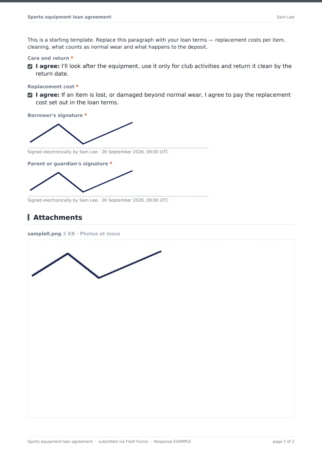 Sports equipment loan agreement — example response PDF, page 2 of 2