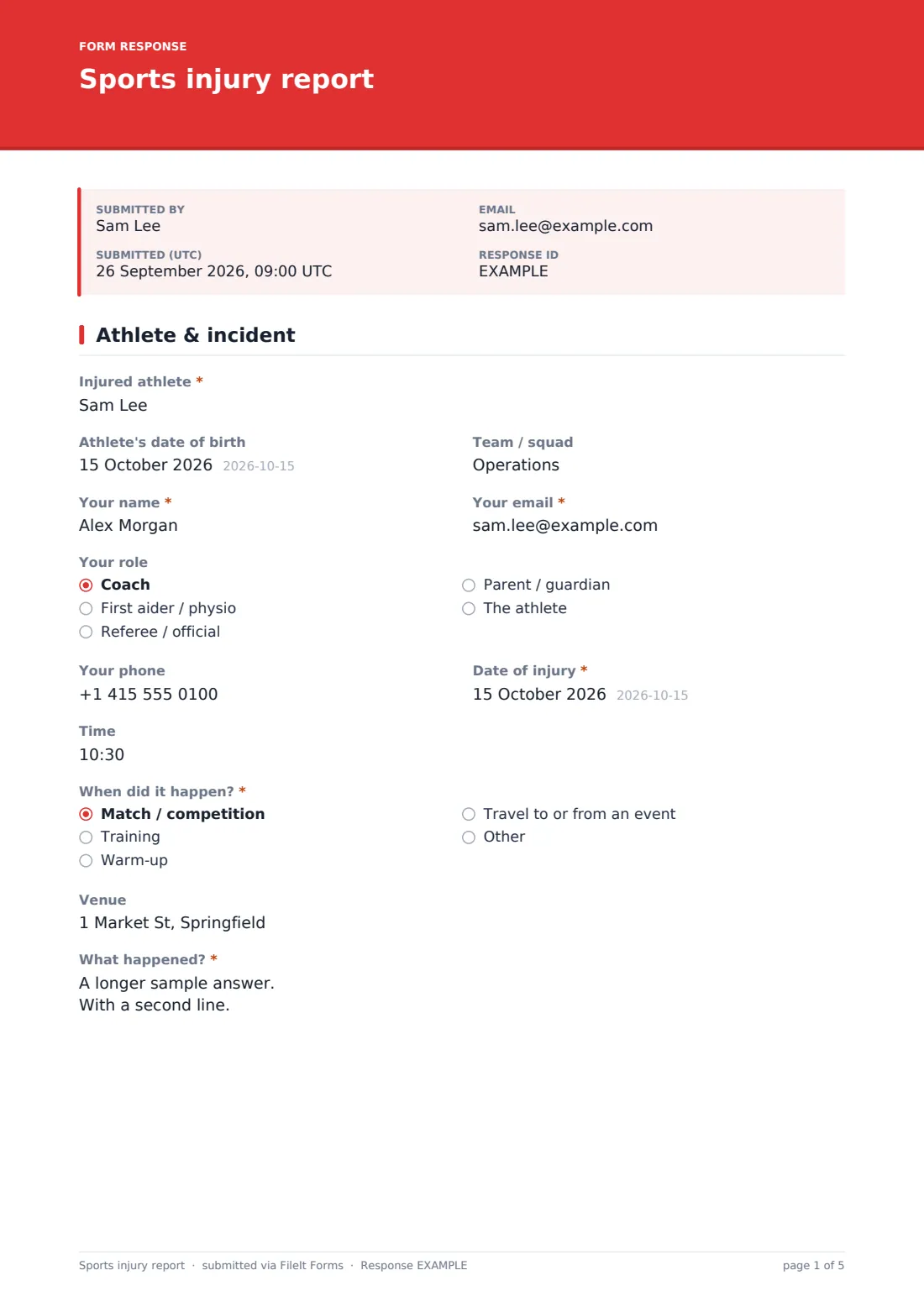 Sports injury report — example response PDF, page 1 of 5