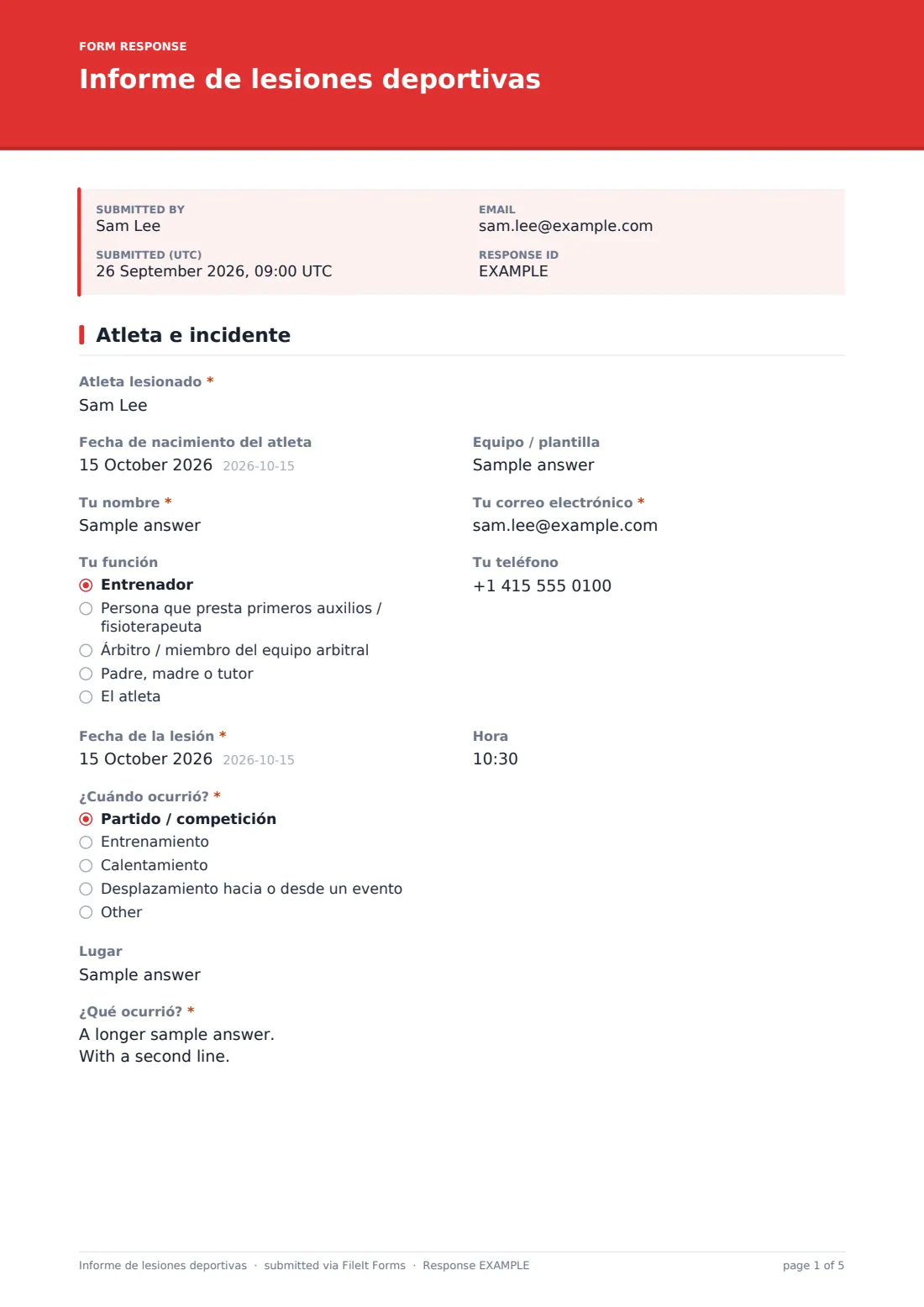 Informe de lesiones deportivas — PDF de respuesta de ejemplo, página 1 de 5