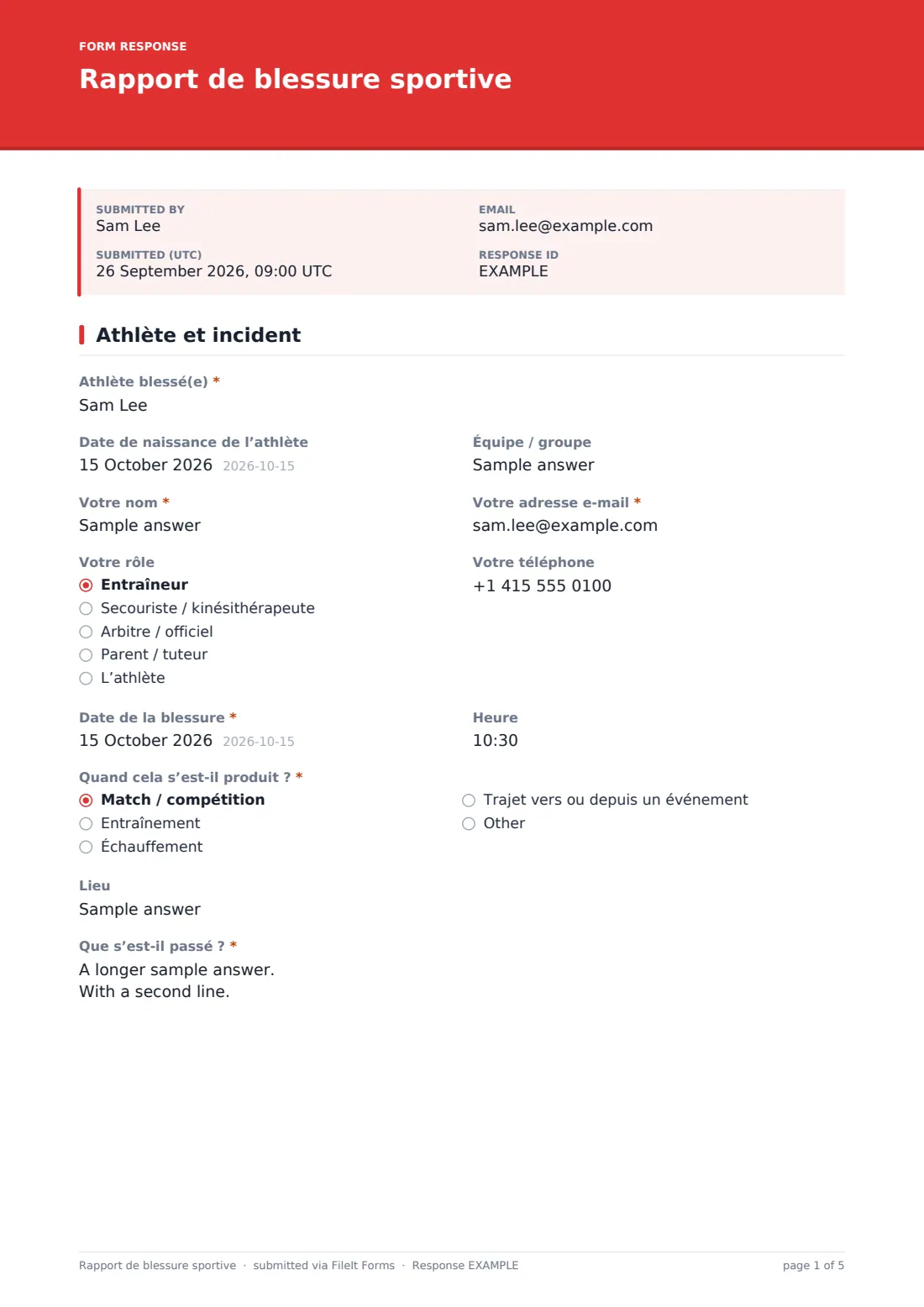 Rapport de blessure sportive — exemple de réponse au format PDF, page 1 sur 5