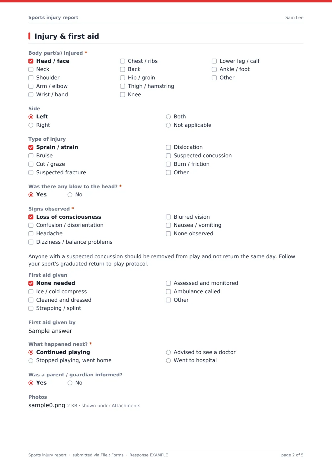 Sports injury report — example response PDF, page 2 of 5