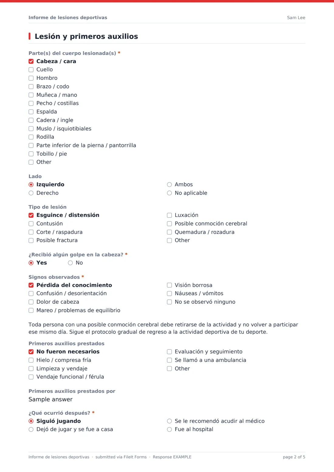 Informe de lesiones deportivas — PDF de respuesta de ejemplo, página 2 de 5