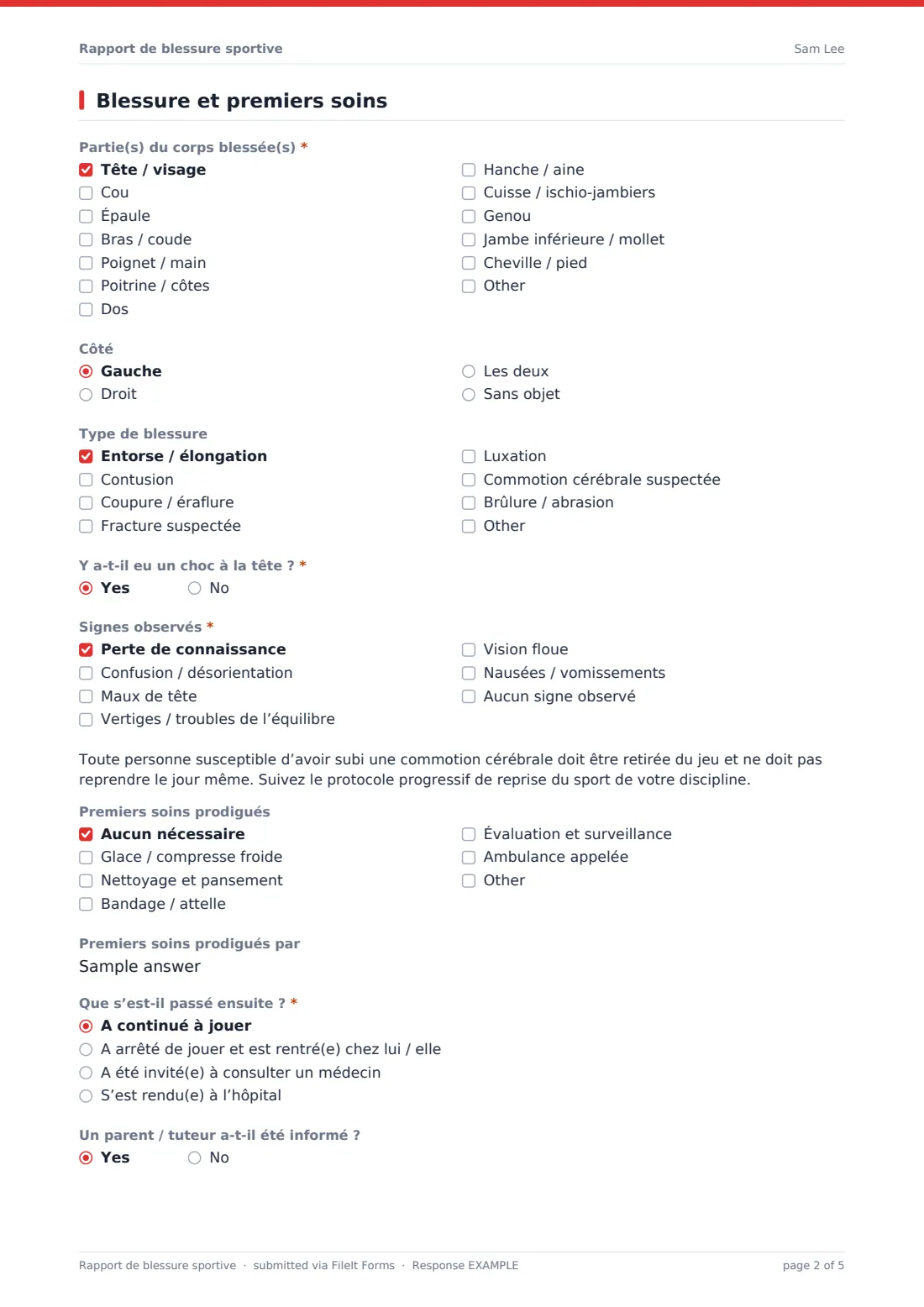 Rapport de blessure sportive — exemple de réponse au format PDF, page 2 sur 5