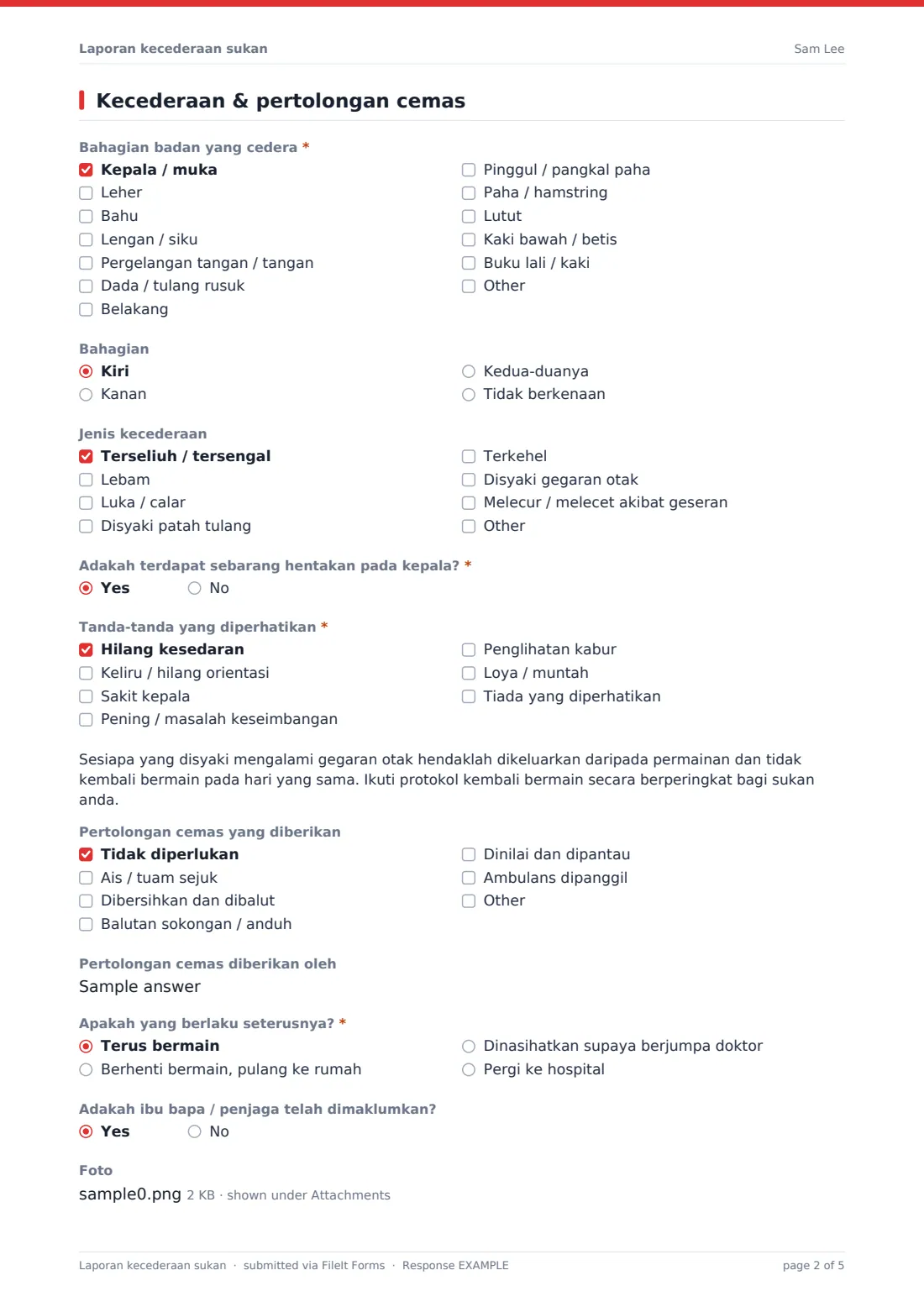 Laporan kecederaan sukan — PDF respons contoh, halaman 2 daripada 5
