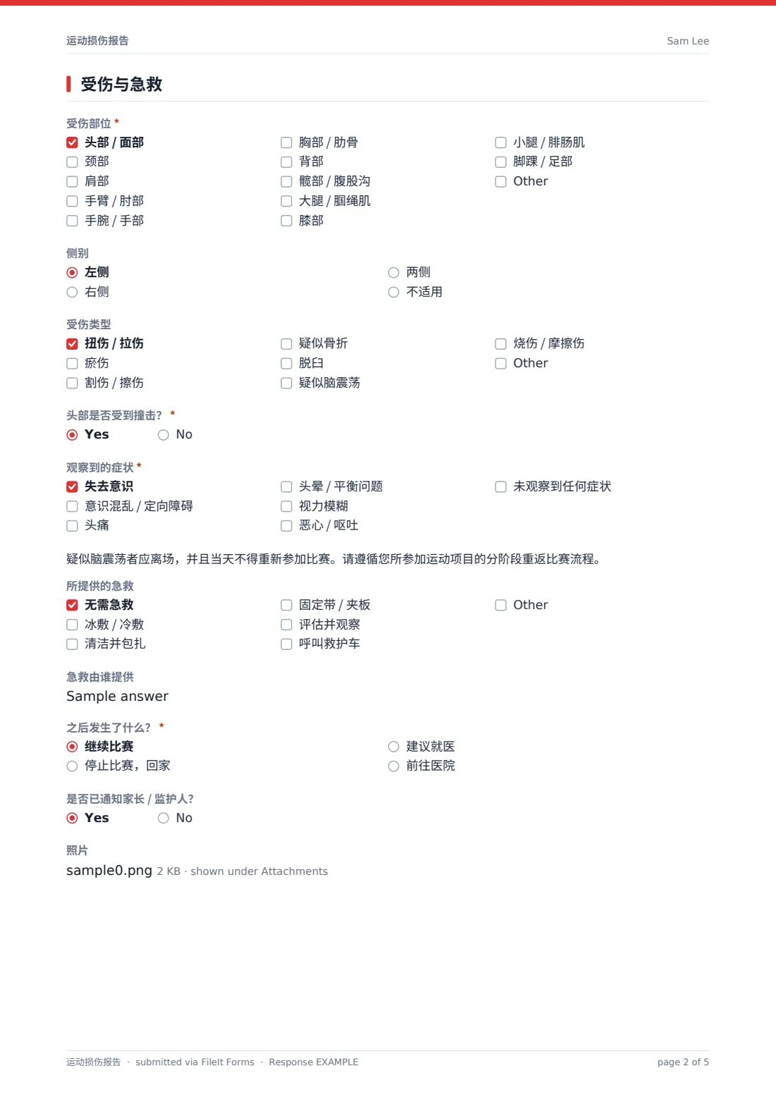 运动损伤报告 — 示例回复 PDF，第 2 页，共 5 页