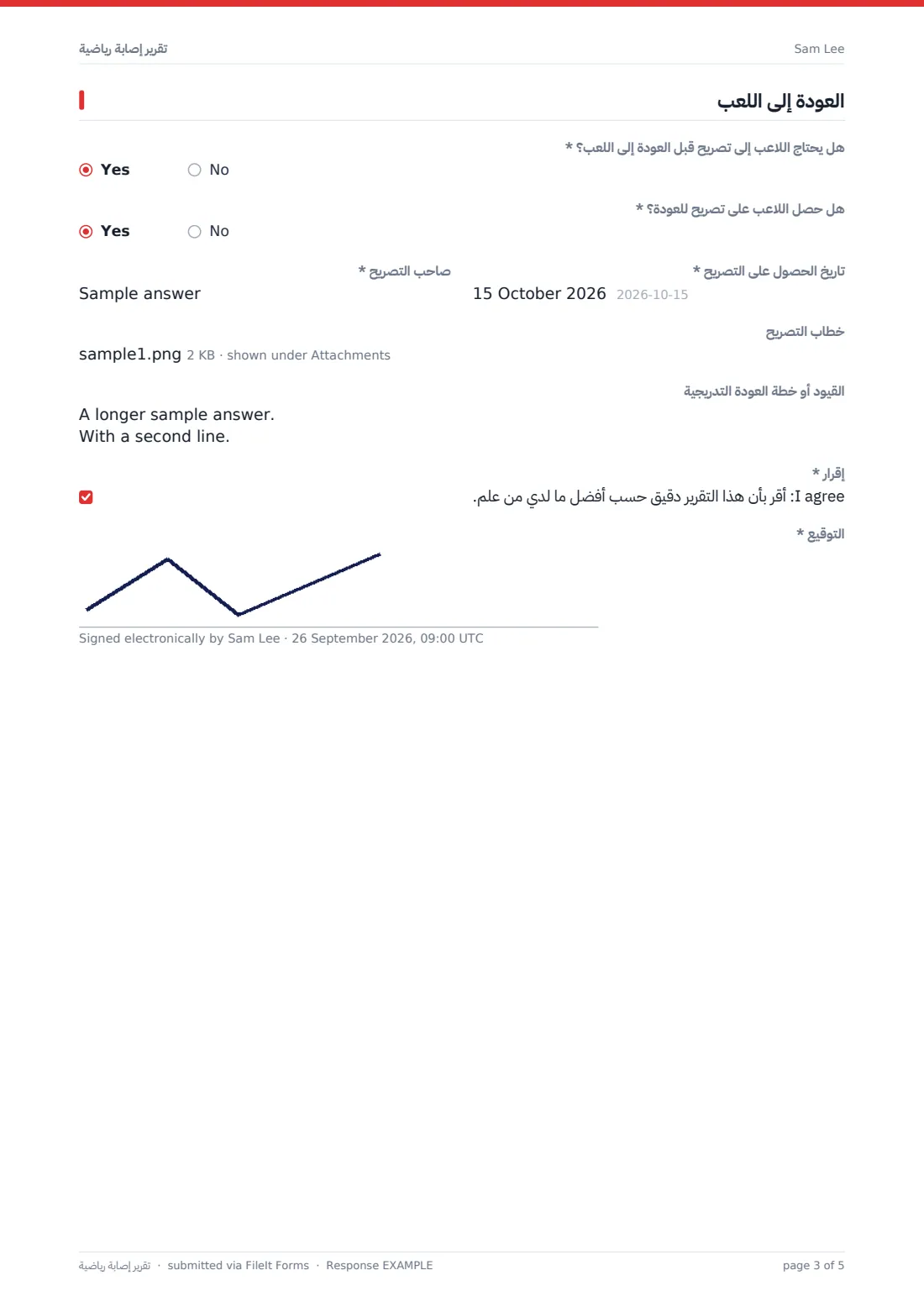 تقرير إصابة رياضية — ملف PDF لرد نموذجي، الصفحة 3 من 5