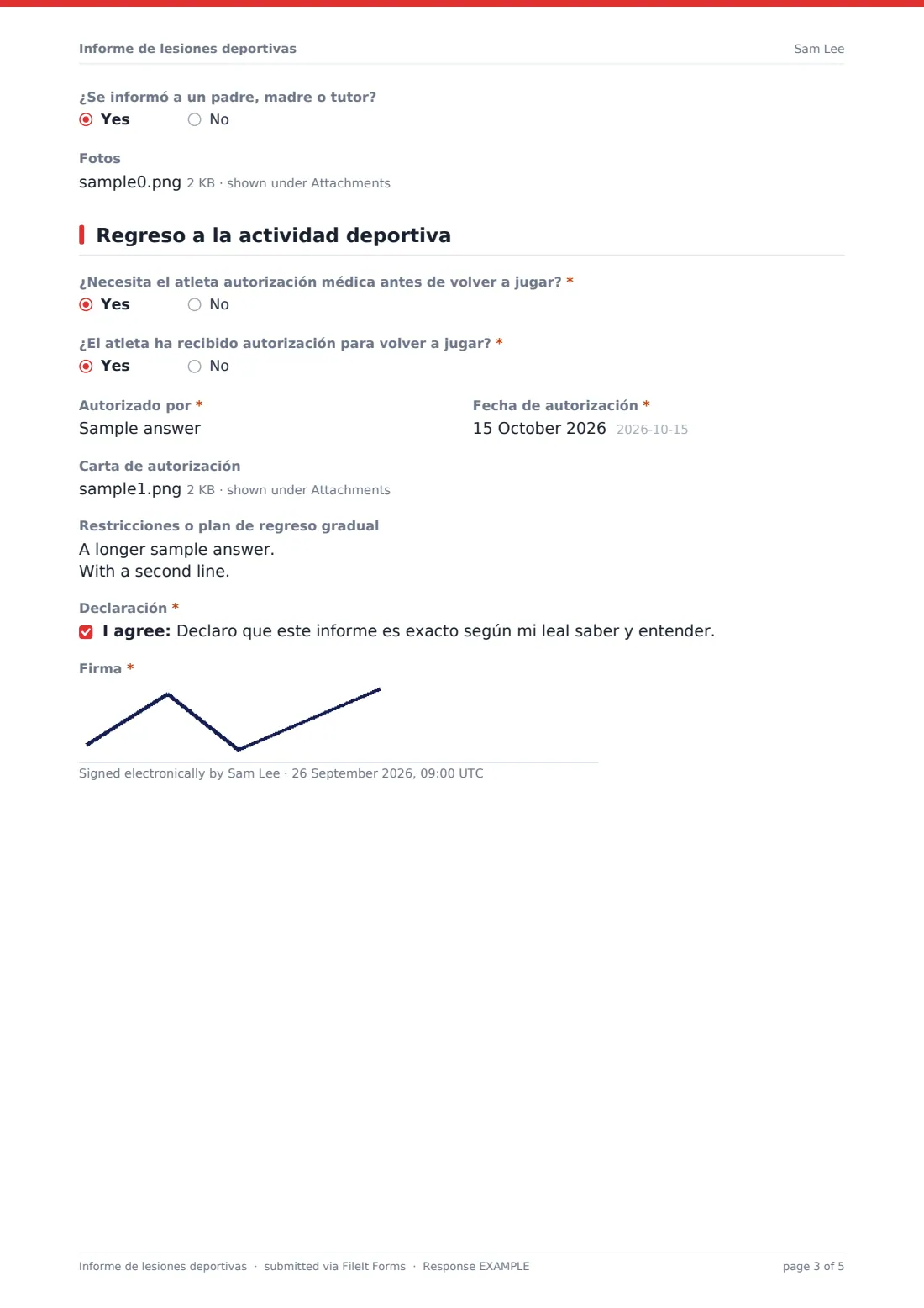 Informe de lesiones deportivas — PDF de respuesta de ejemplo, página 3 de 5