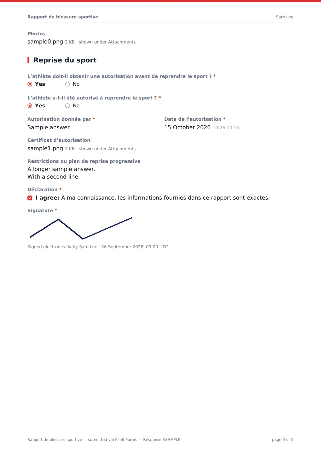 Rapport de blessure sportive — exemple de réponse au format PDF, page 3 sur 5