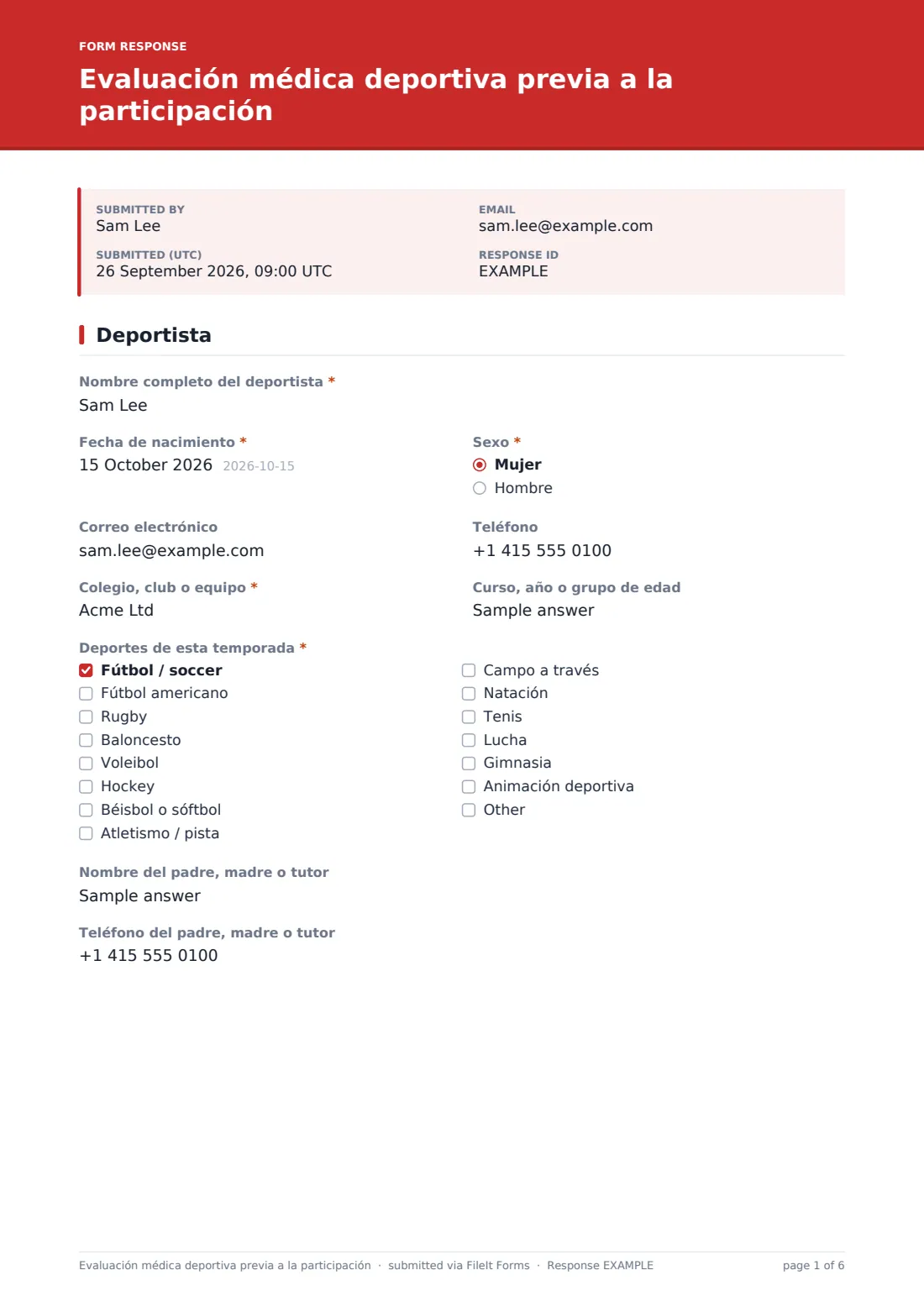 Evaluación médica deportiva previa a la participación — PDF de respuesta de ejemplo, página 1 de 6
