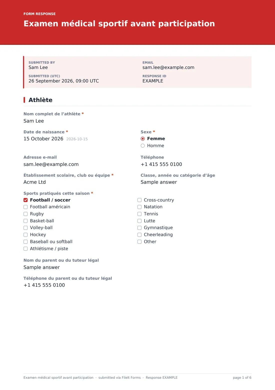 Examen médical sportif avant participation — exemple de réponse au format PDF, page 1 sur 6