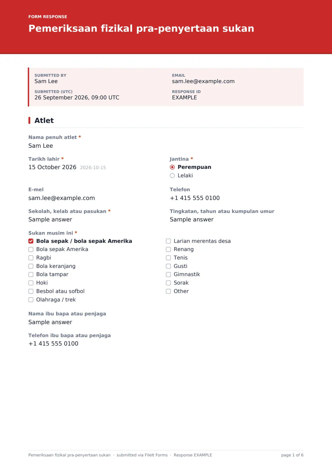 Pemeriksaan fizikal pra-penyertaan sukan — PDF respons contoh, halaman 1 daripada 6