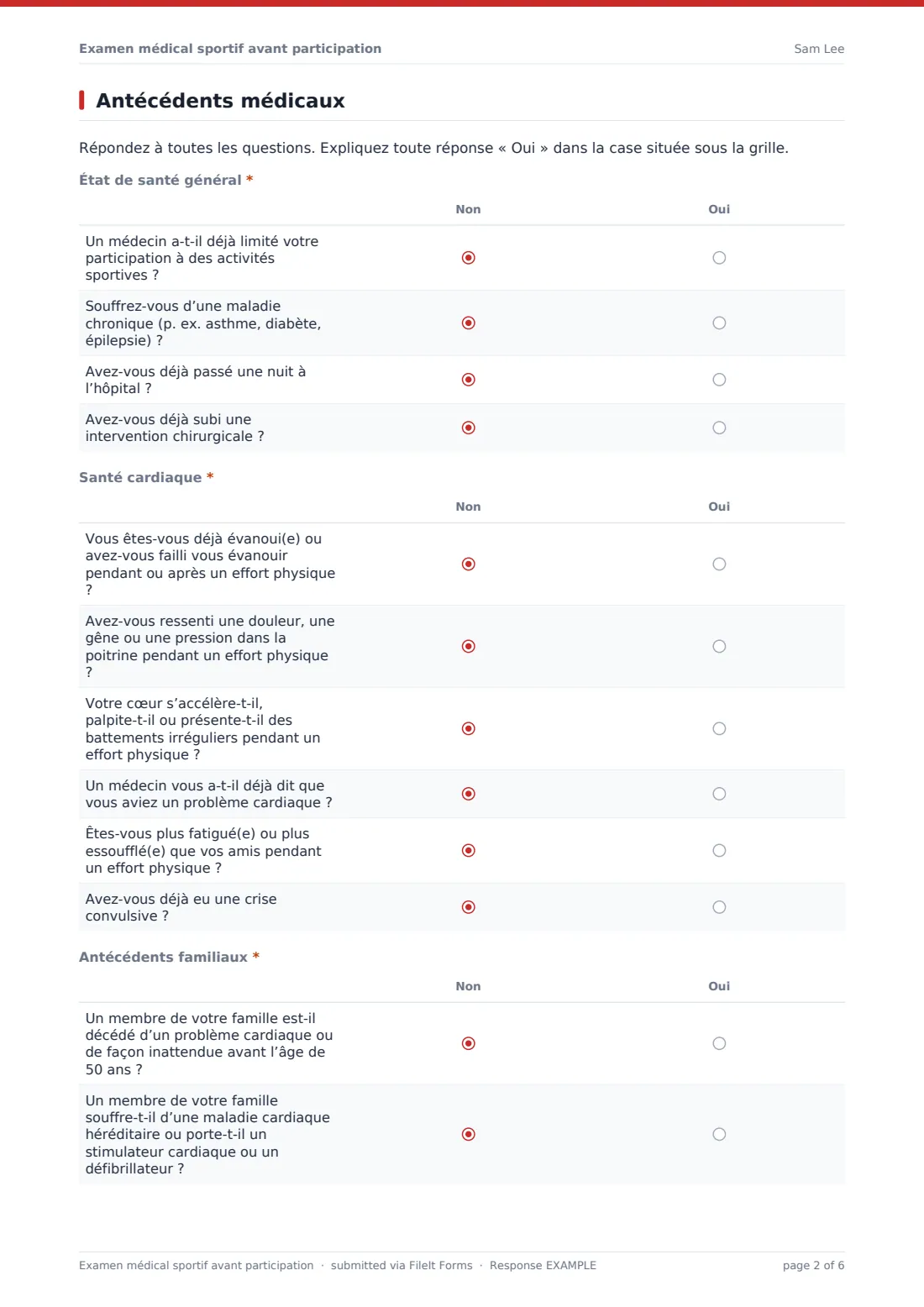 Examen médical sportif avant participation — exemple de réponse au format PDF, page 2 sur 6