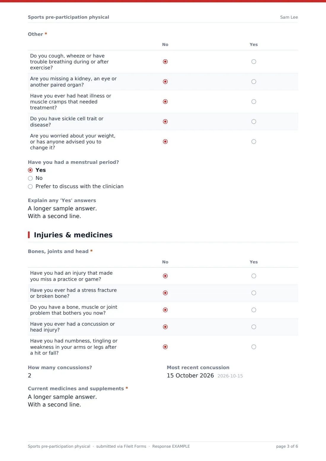 Sports pre-participation physical — example response PDF, page 3 of 6