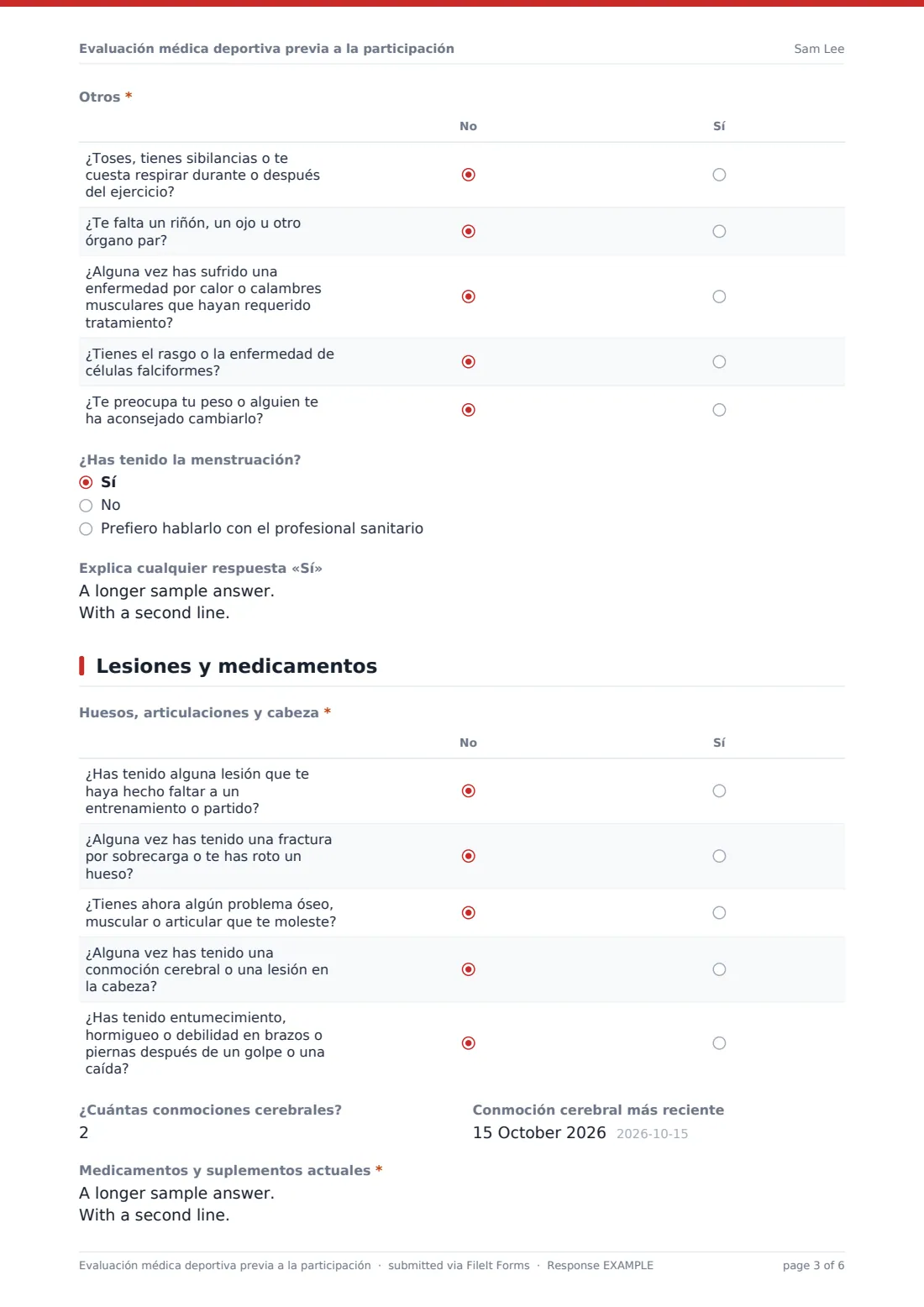 Evaluación médica deportiva previa a la participación — PDF de respuesta de ejemplo, página 3 de 6
