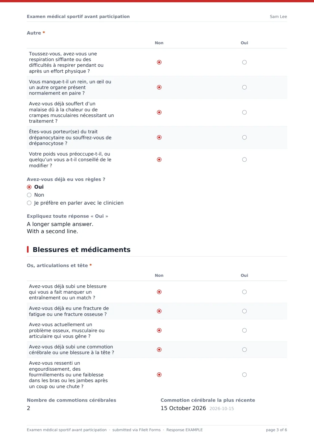 Examen médical sportif avant participation — exemple de réponse au format PDF, page 3 sur 6