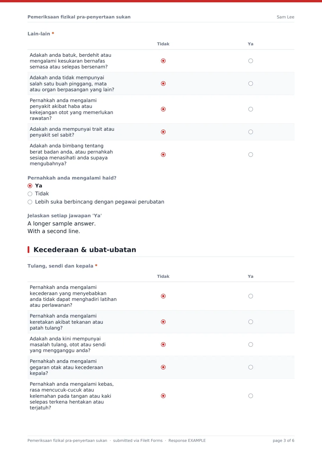 Pemeriksaan fizikal pra-penyertaan sukan — PDF respons contoh, halaman 3 daripada 6
