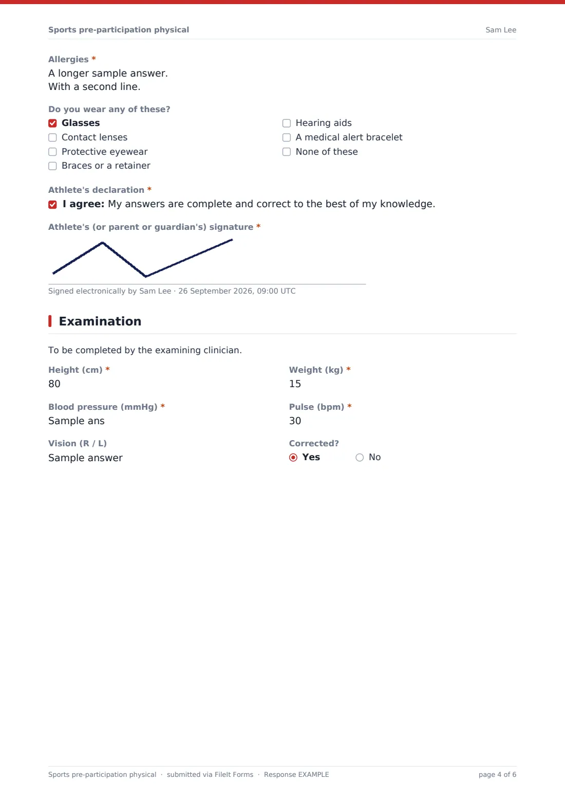 Sports pre-participation physical — example response PDF, page 4 of 6