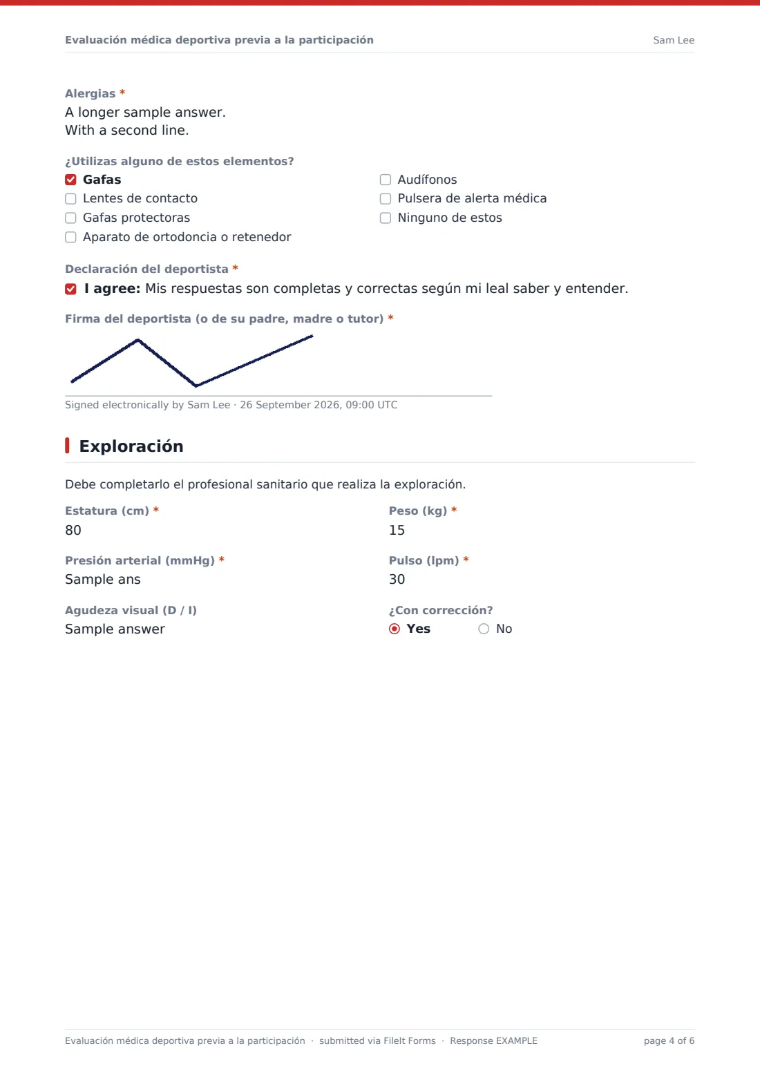 Evaluación médica deportiva previa a la participación — PDF de respuesta de ejemplo, página 4 de 6