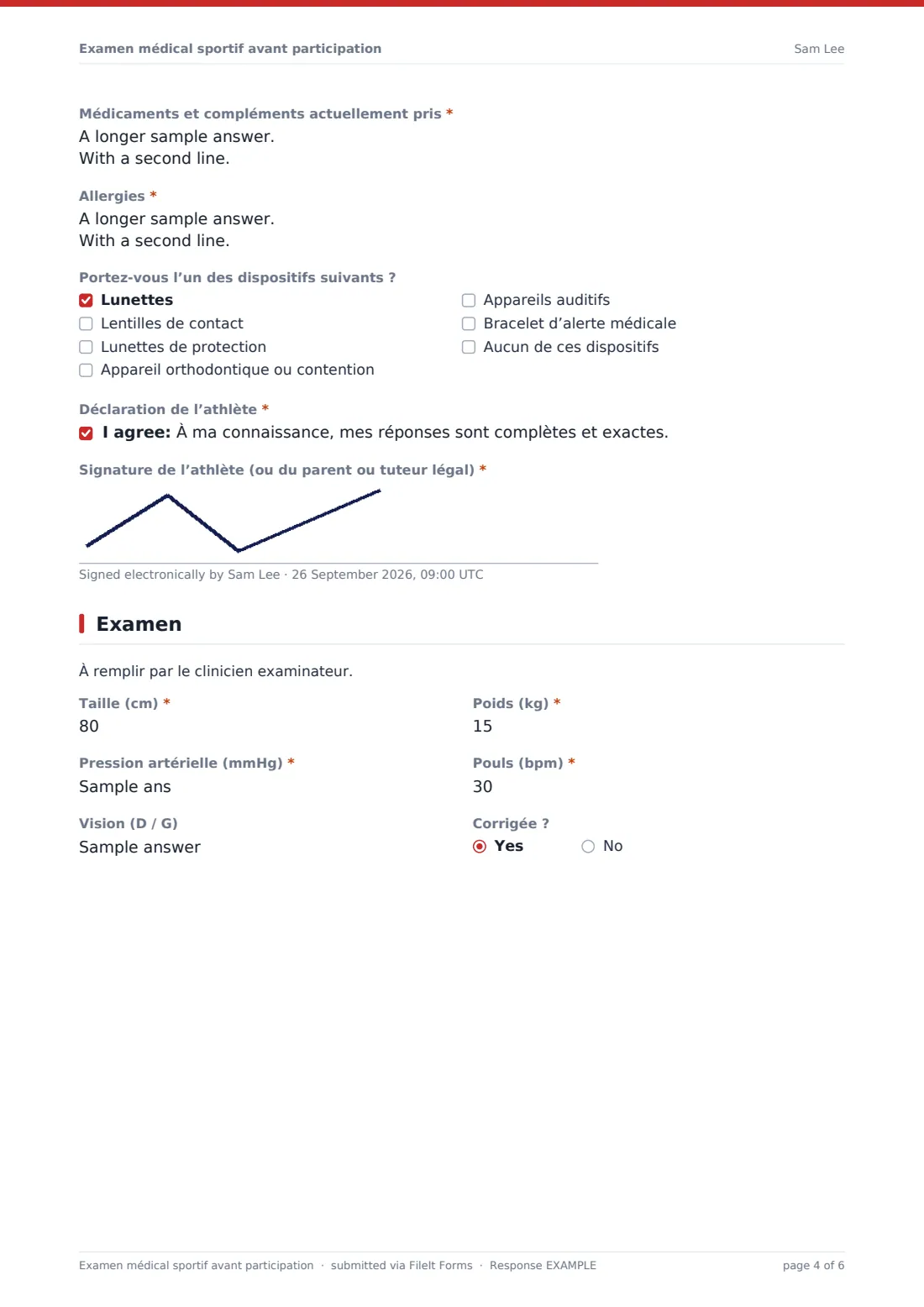Examen médical sportif avant participation — exemple de réponse au format PDF, page 4 sur 6