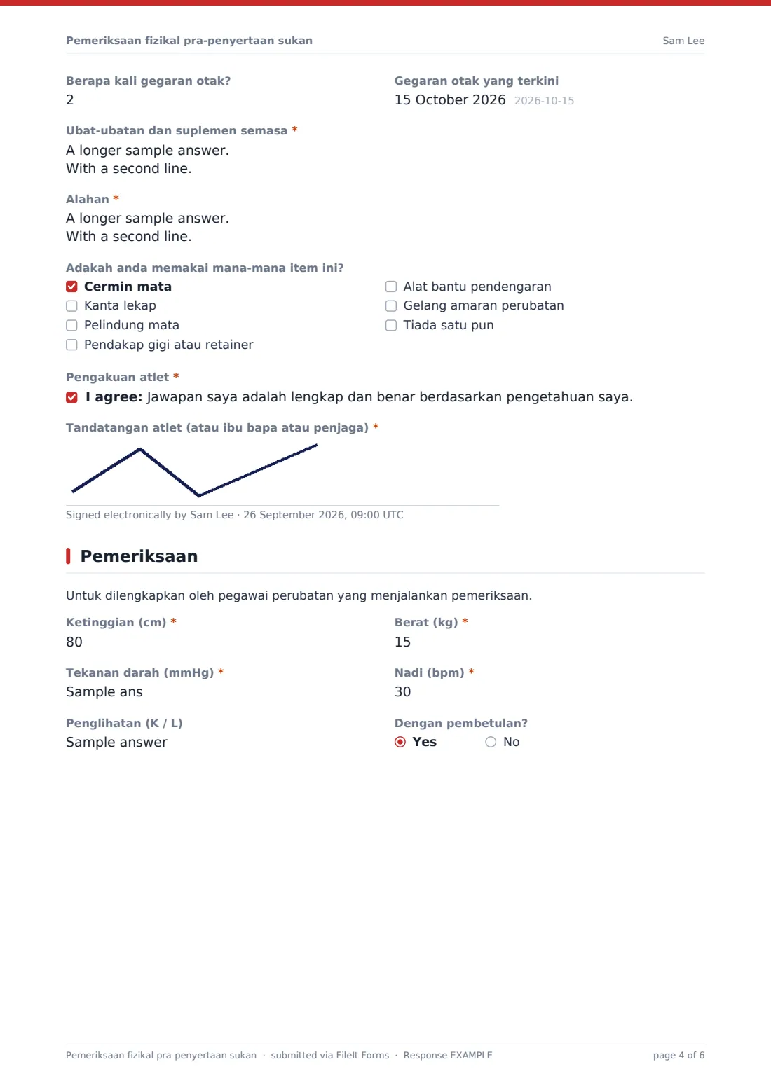 Pemeriksaan fizikal pra-penyertaan sukan — PDF respons contoh, halaman 4 daripada 6