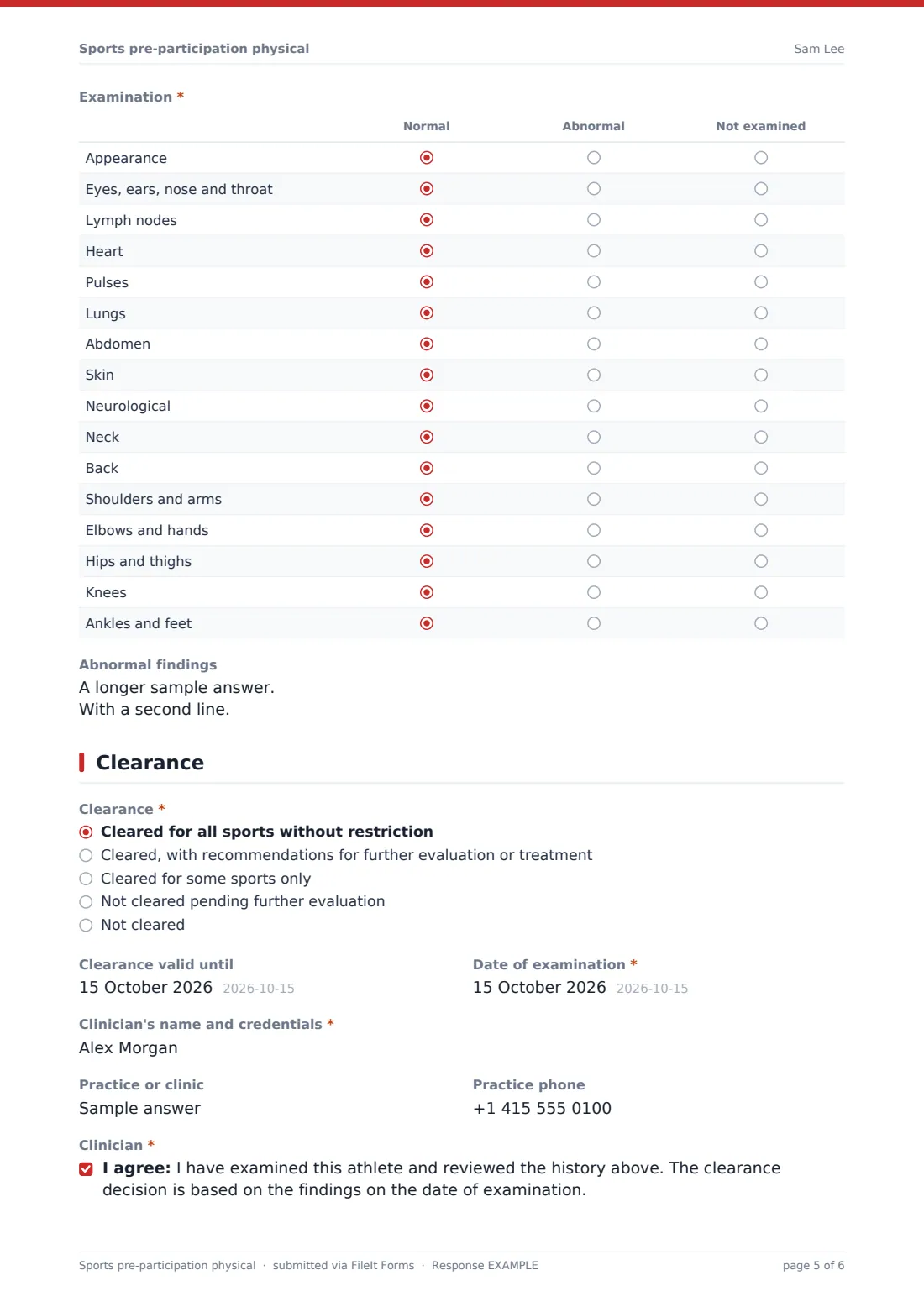 Sports pre-participation physical — example response PDF, page 5 of 6