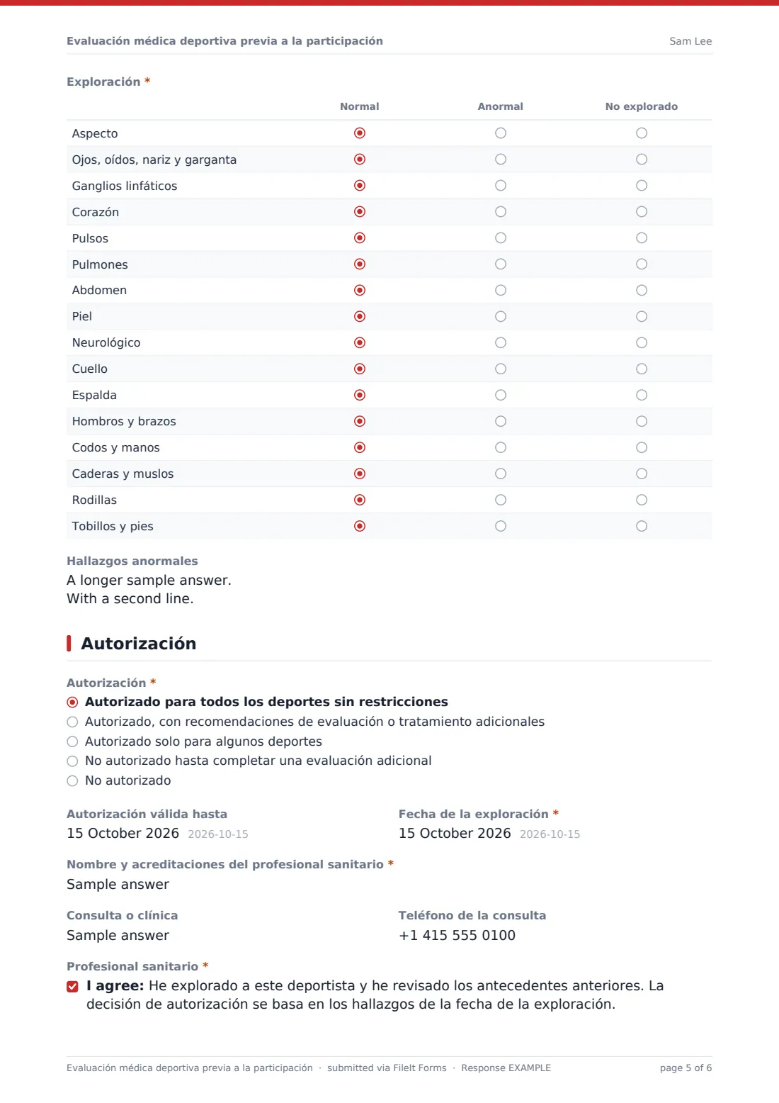 Evaluación médica deportiva previa a la participación — PDF de respuesta de ejemplo, página 5 de 6