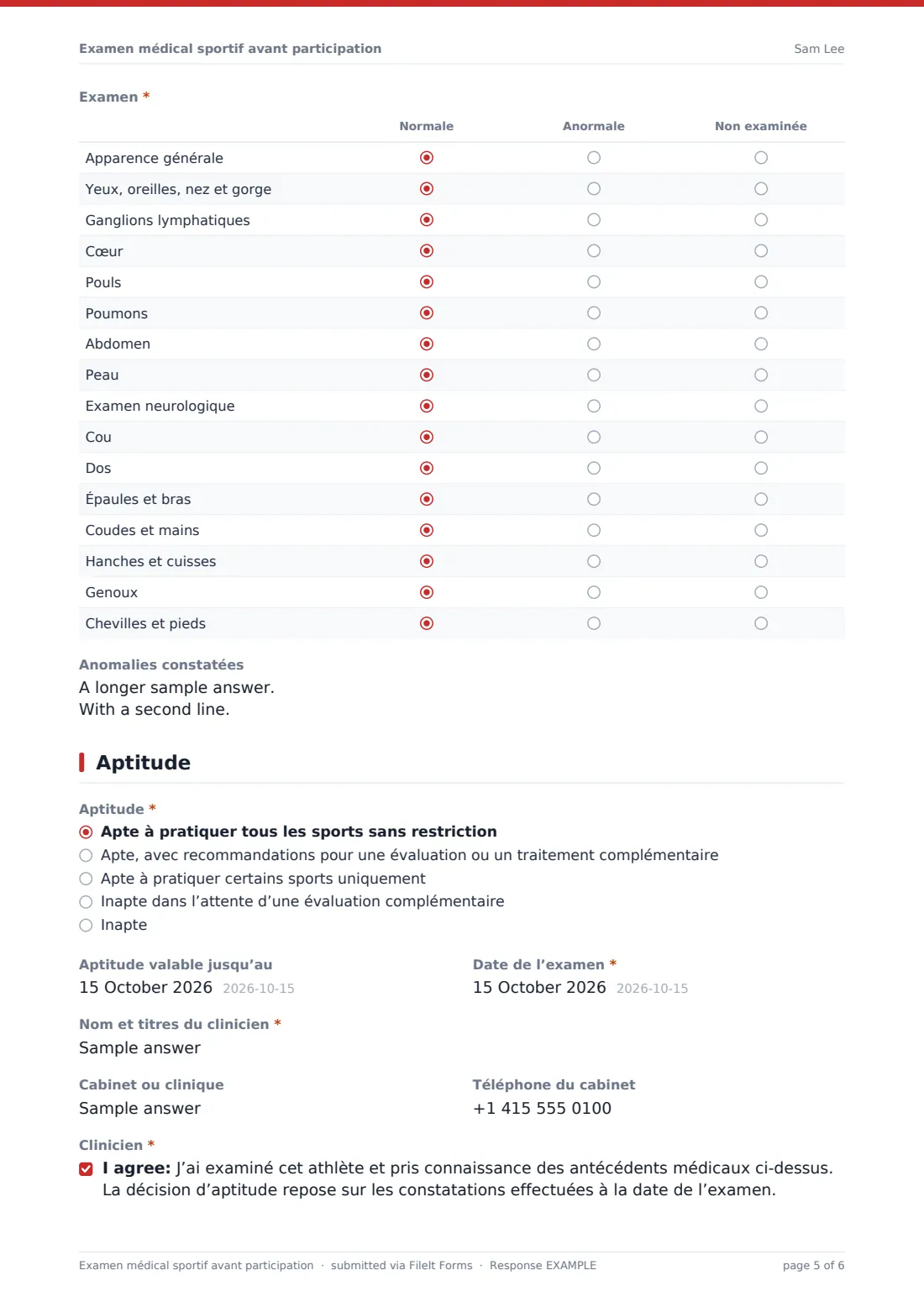 Examen médical sportif avant participation — exemple de réponse au format PDF, page 5 sur 6