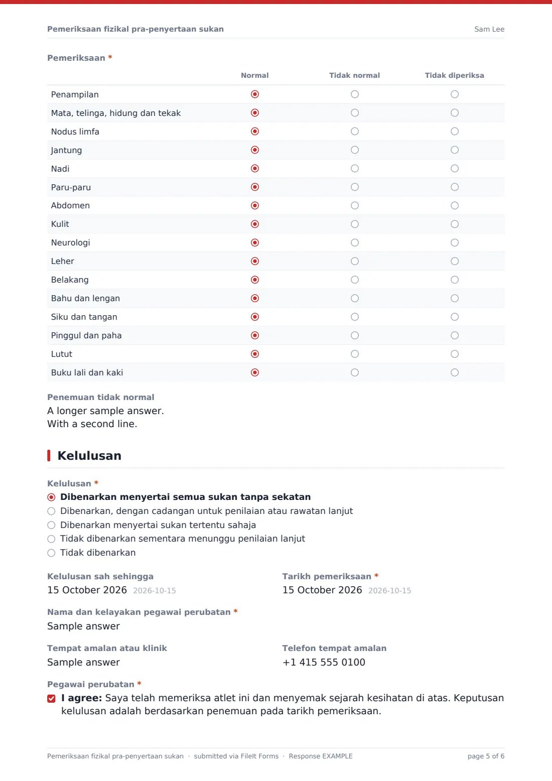 Pemeriksaan fizikal pra-penyertaan sukan — PDF respons contoh, halaman 5 daripada 6